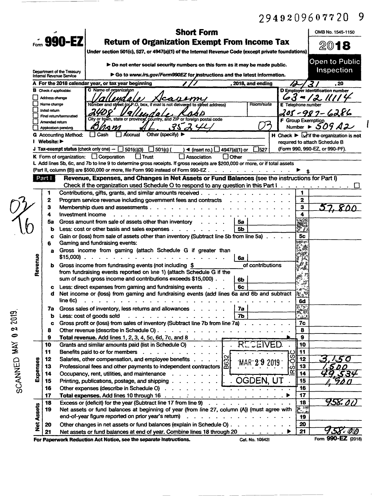 Image of first page of 2018 Form 990EZ for Valleydale Christian Church and Academy