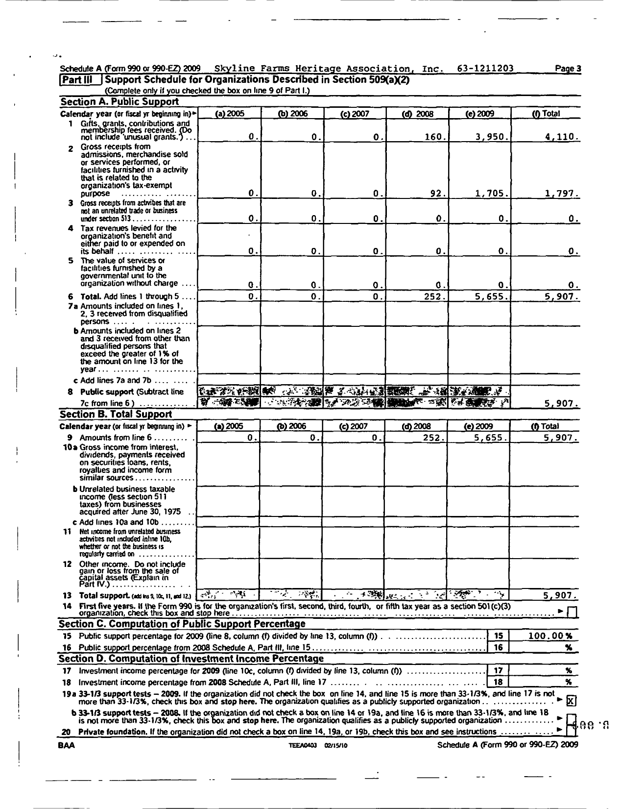 Image of first page of 2009 Form 990ER for Skyline Farm Heritage Association