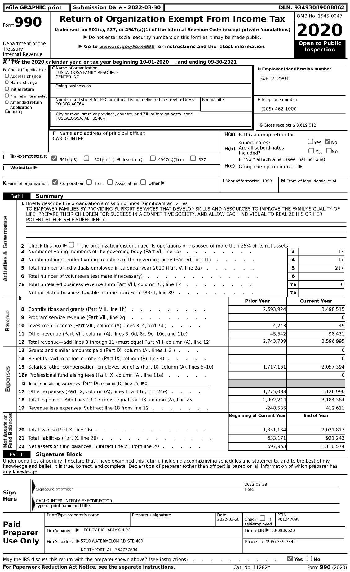 Image of first page of 2020 Form 990 for Tuscaloosa Family Resource Center