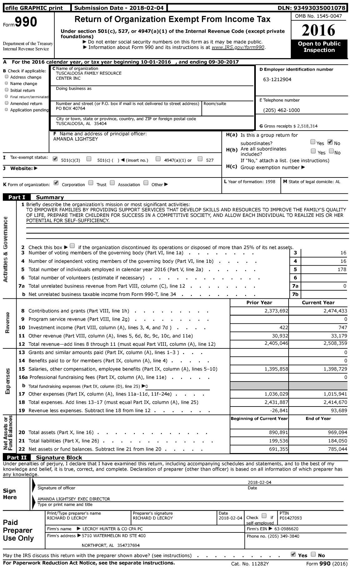 Image of first page of 2016 Form 990 for Tuscaloosa Family Resource Center