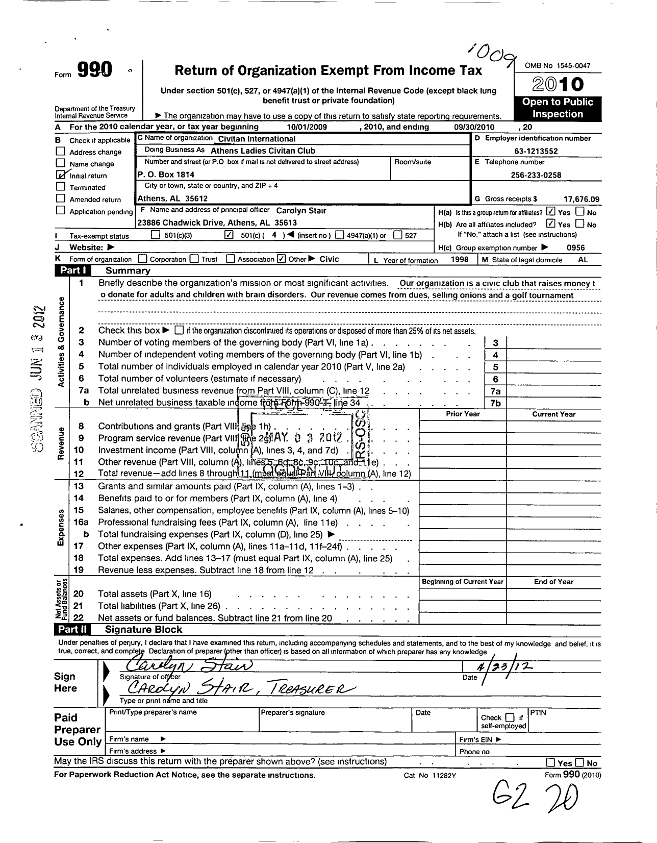 Image of first page of 2009 Form 990O for Civitan International / Athens Ladies Civitan Club