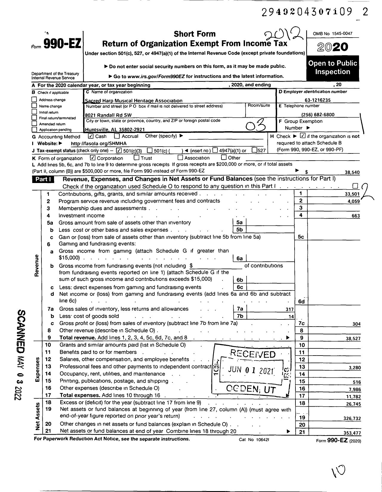 Image of first page of 2020 Form 990EZ for Sacred Harp Musical Heritage Association