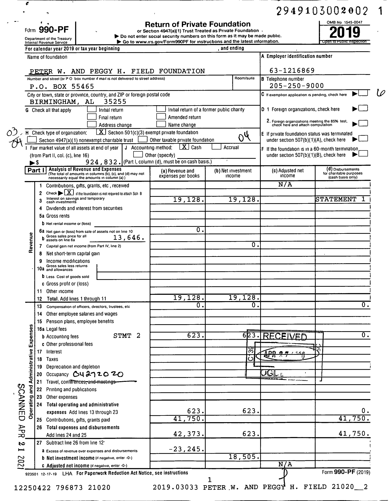 Image of first page of 2019 Form 990PF for Peter W and Peggy H Field Foundation