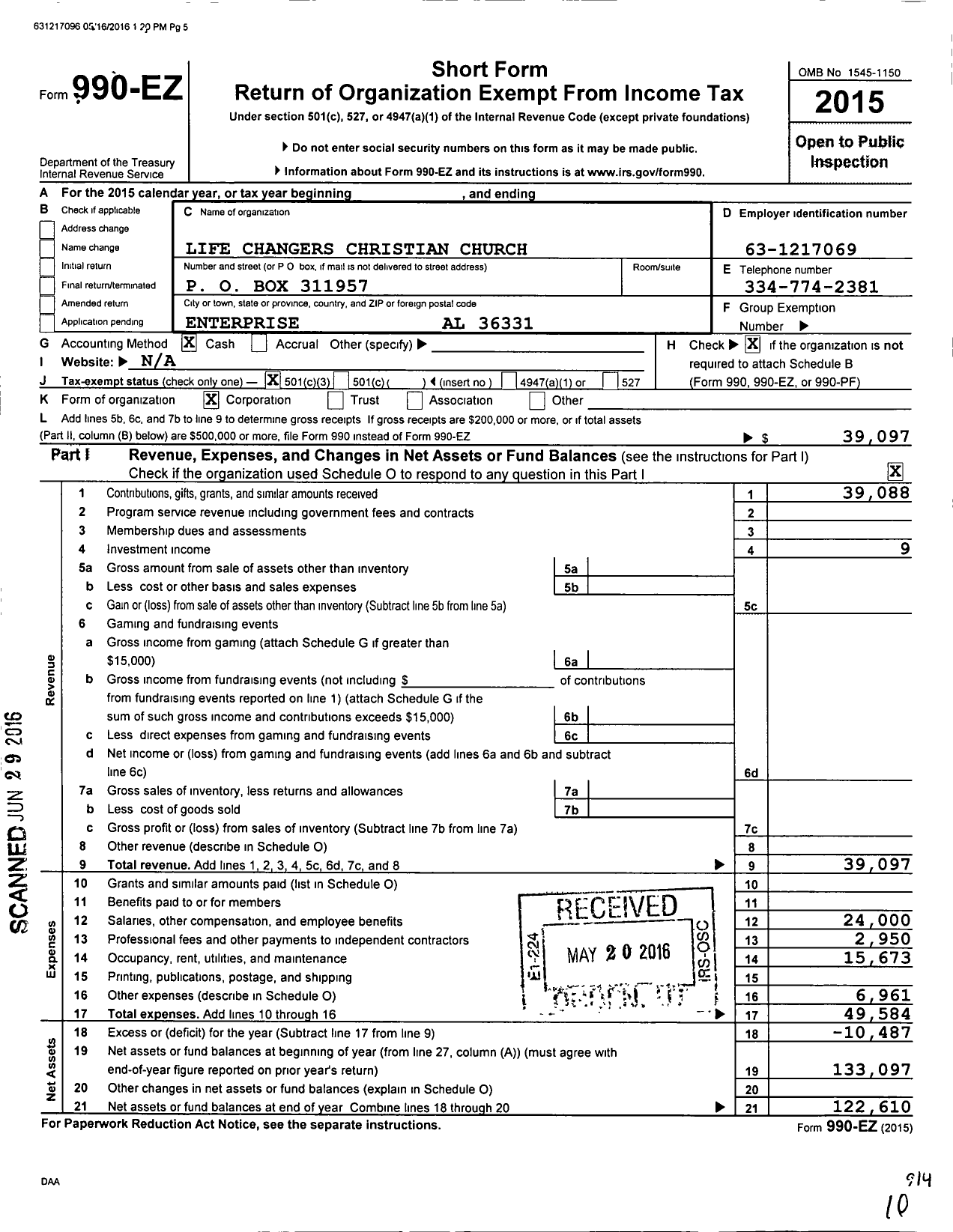 Image of first page of 2015 Form 990EZ for Life Changers Christian Church