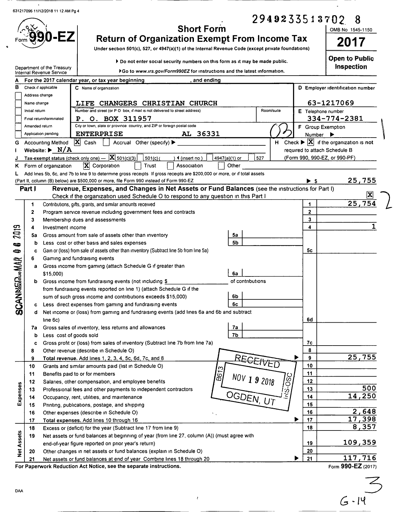 Image of first page of 2017 Form 990EZ for Life Changers Christian Church