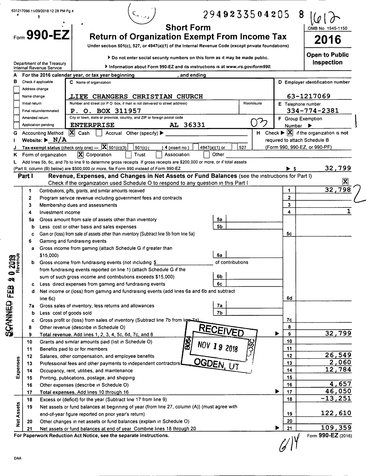 Image of first page of 2016 Form 990EZ for Life Changers Christian Church