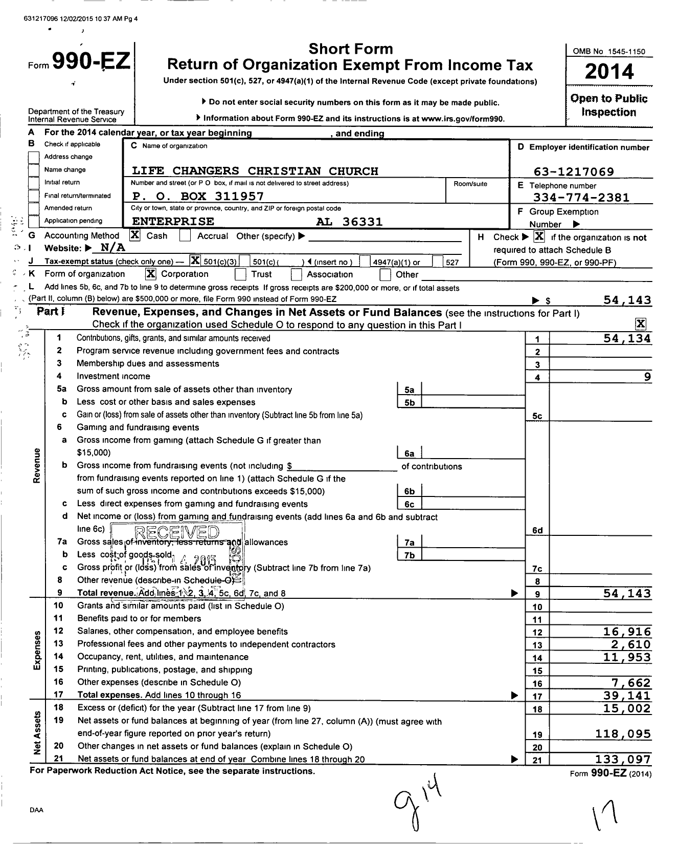 Image of first page of 2014 Form 990EZ for Life Changers Christian Church