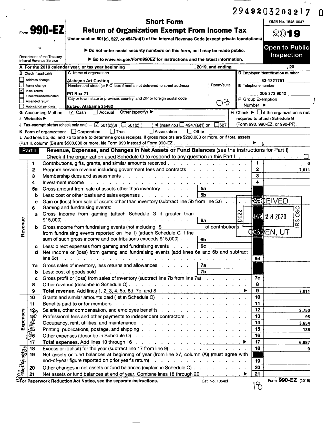 Image of first page of 2019 Form 990EZ for Alabama Art Casting