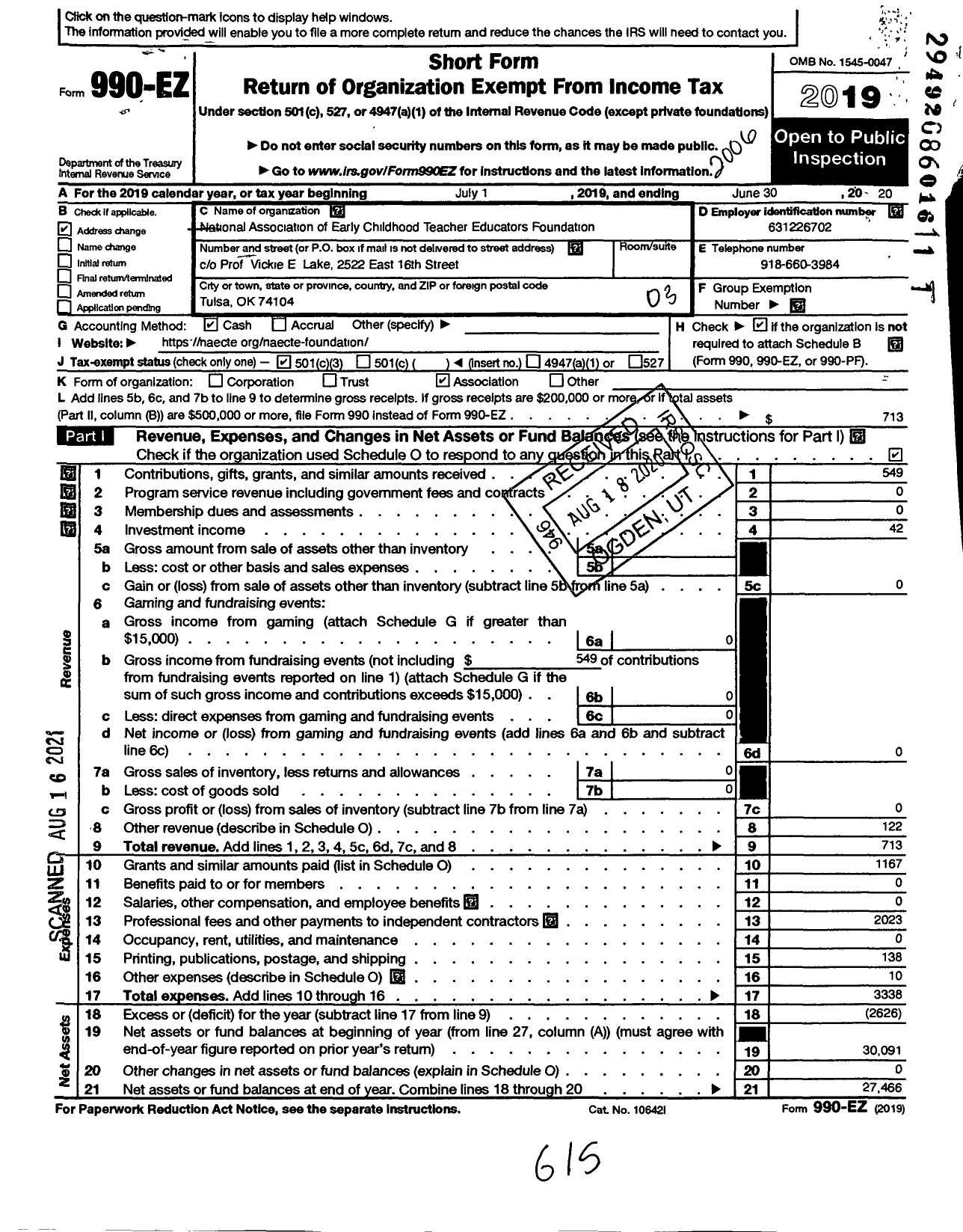 Image of first page of 2019 Form 990EZ for National Association of Early Childhood Teacher Educators Foundation