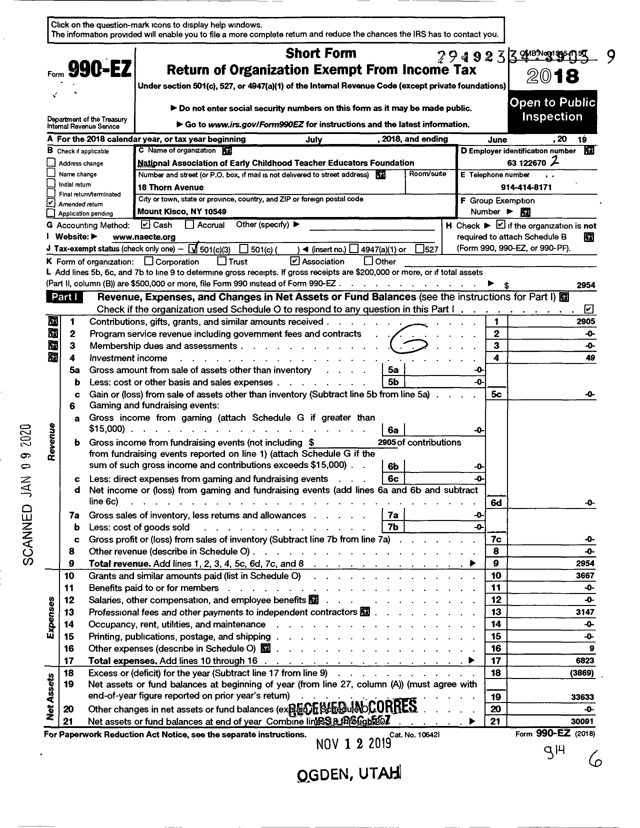 Image of first page of 2018 Form 990EZ for National Association of Early Childhood Teacher Educators Foundation