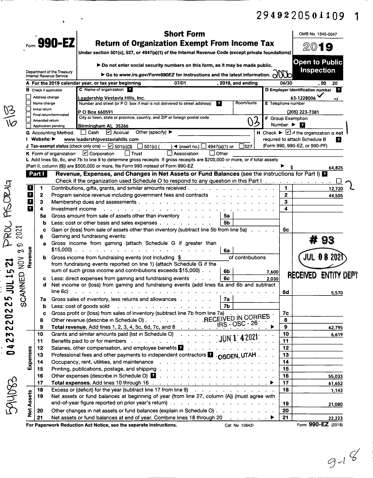 Image of first page of 2019 Form 990EZ for Leadership Vestavia Hills