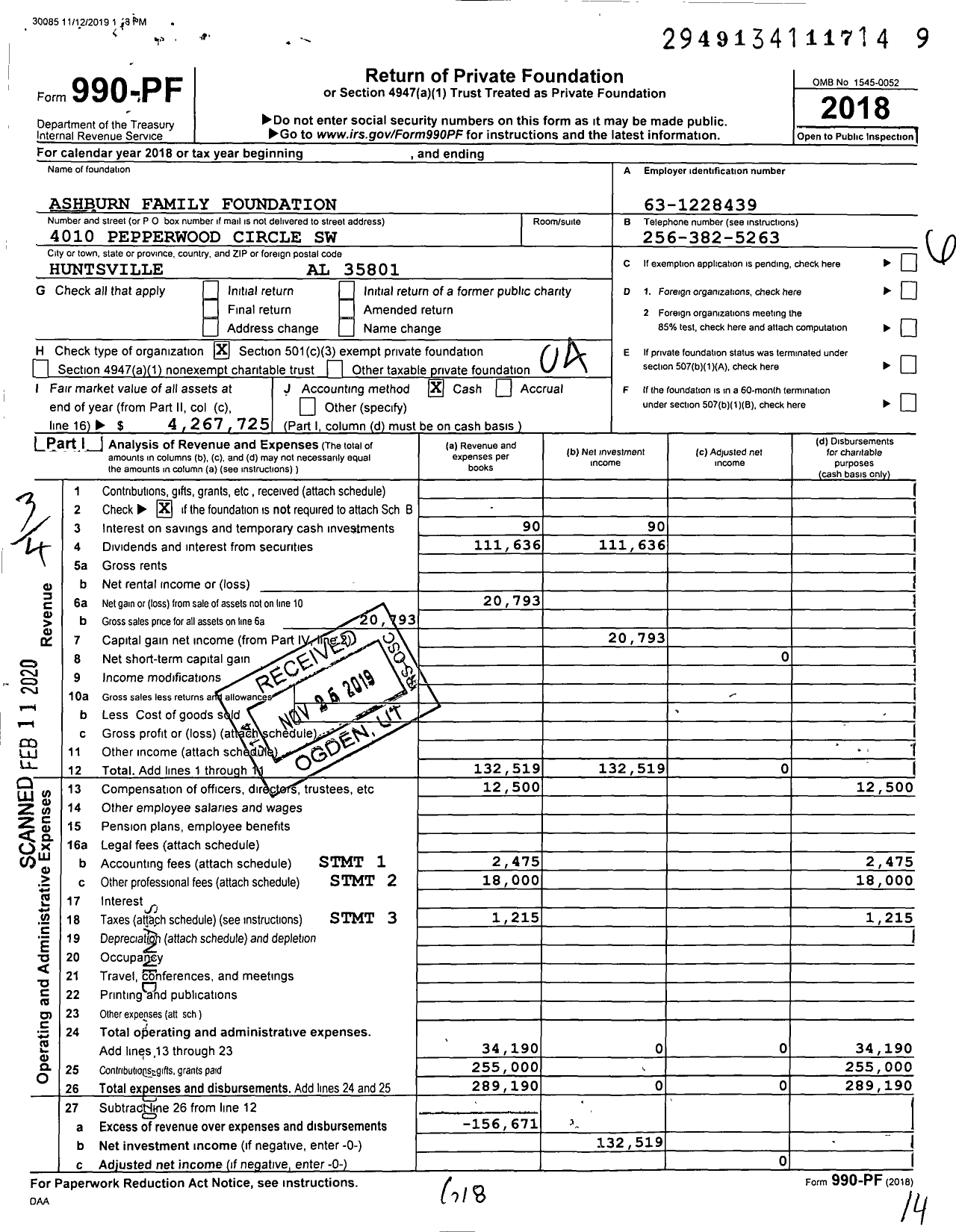 Image of first page of 2018 Form 990PF for Ashburn Family Foundation