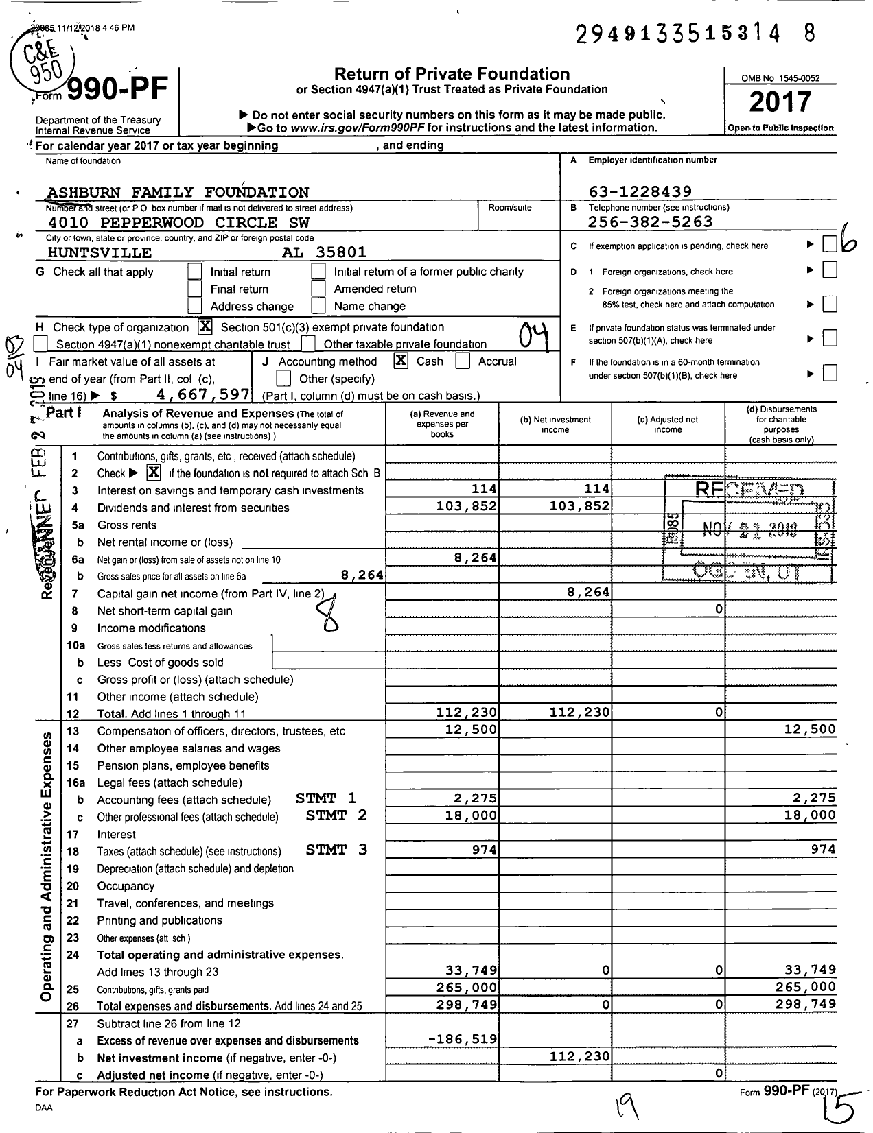 Image of first page of 2017 Form 990PF for Ashburn Family Foundation