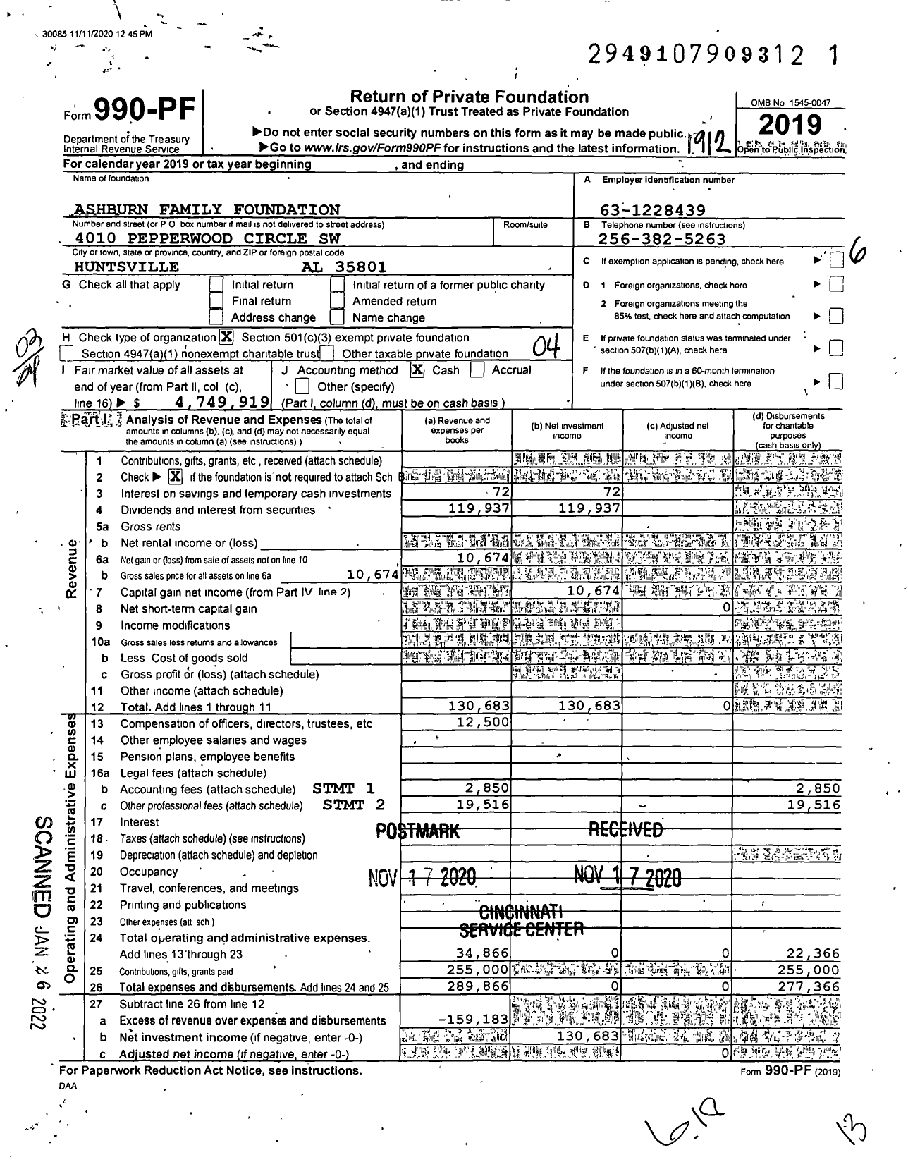 Image of first page of 2019 Form 990PF for Ashburn Family Foundation