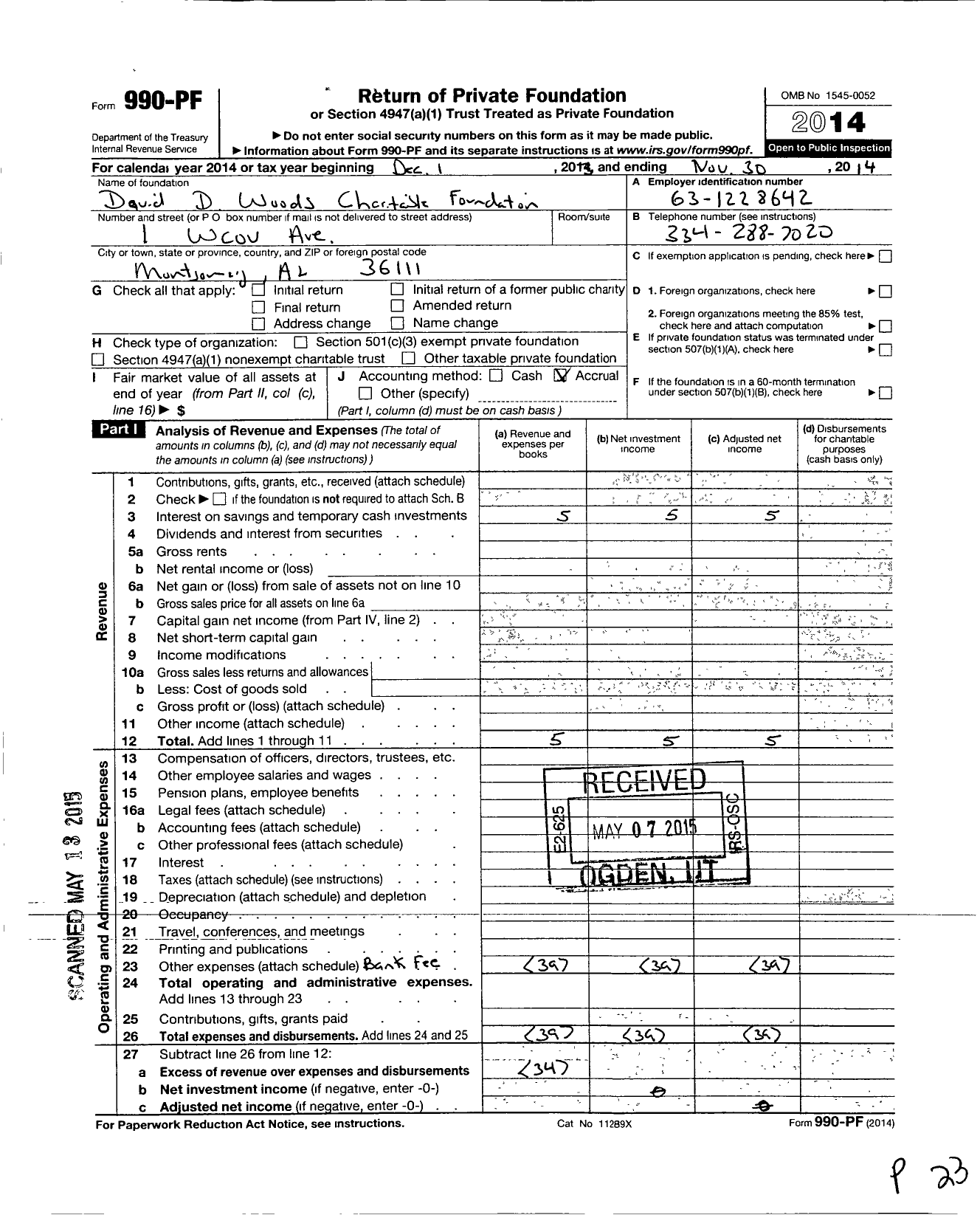 Image of first page of 2013 Form 990PF for David D Woods Charitable Foundation