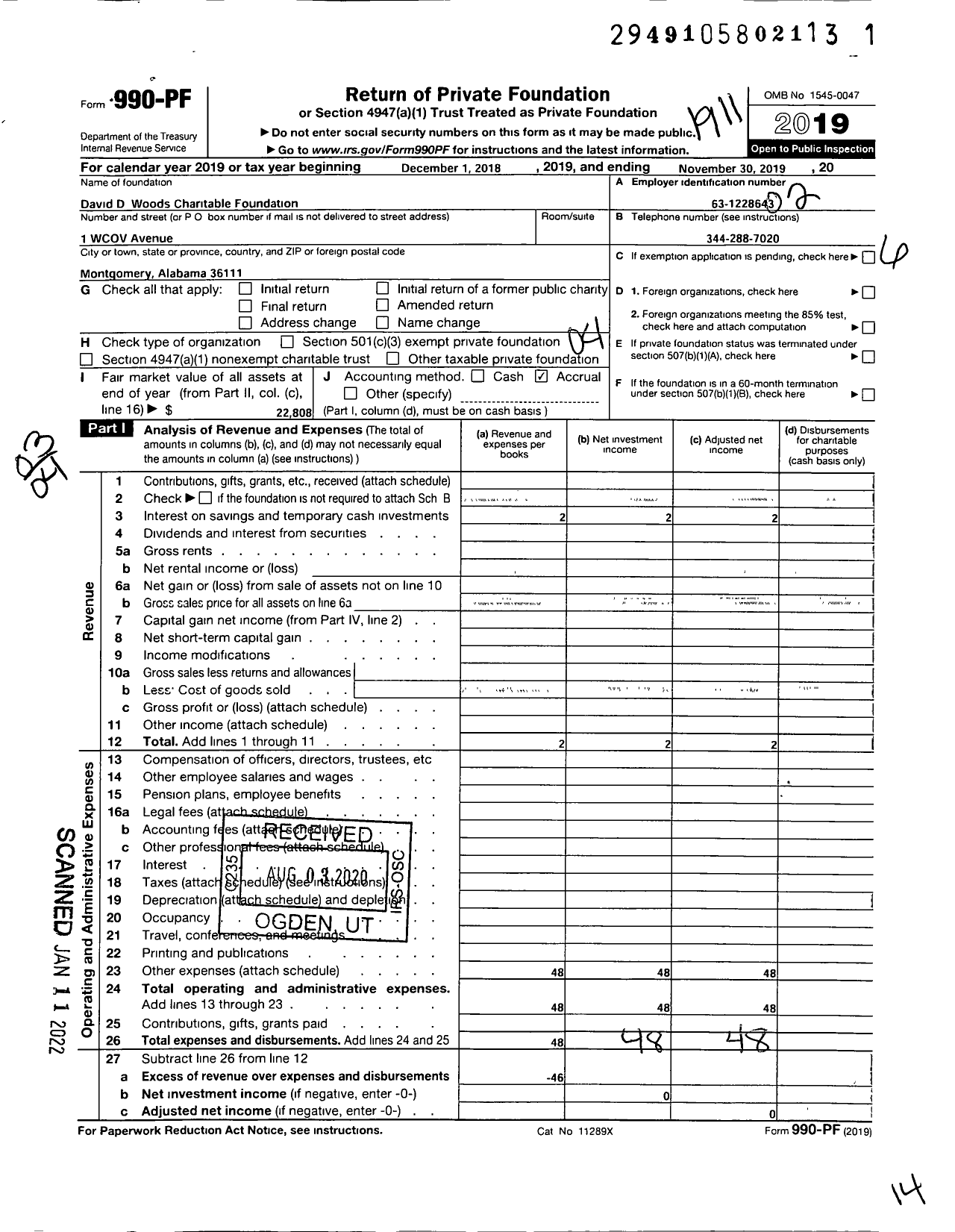 Image of first page of 2018 Form 990PF for David D Woods Charitable Foundation