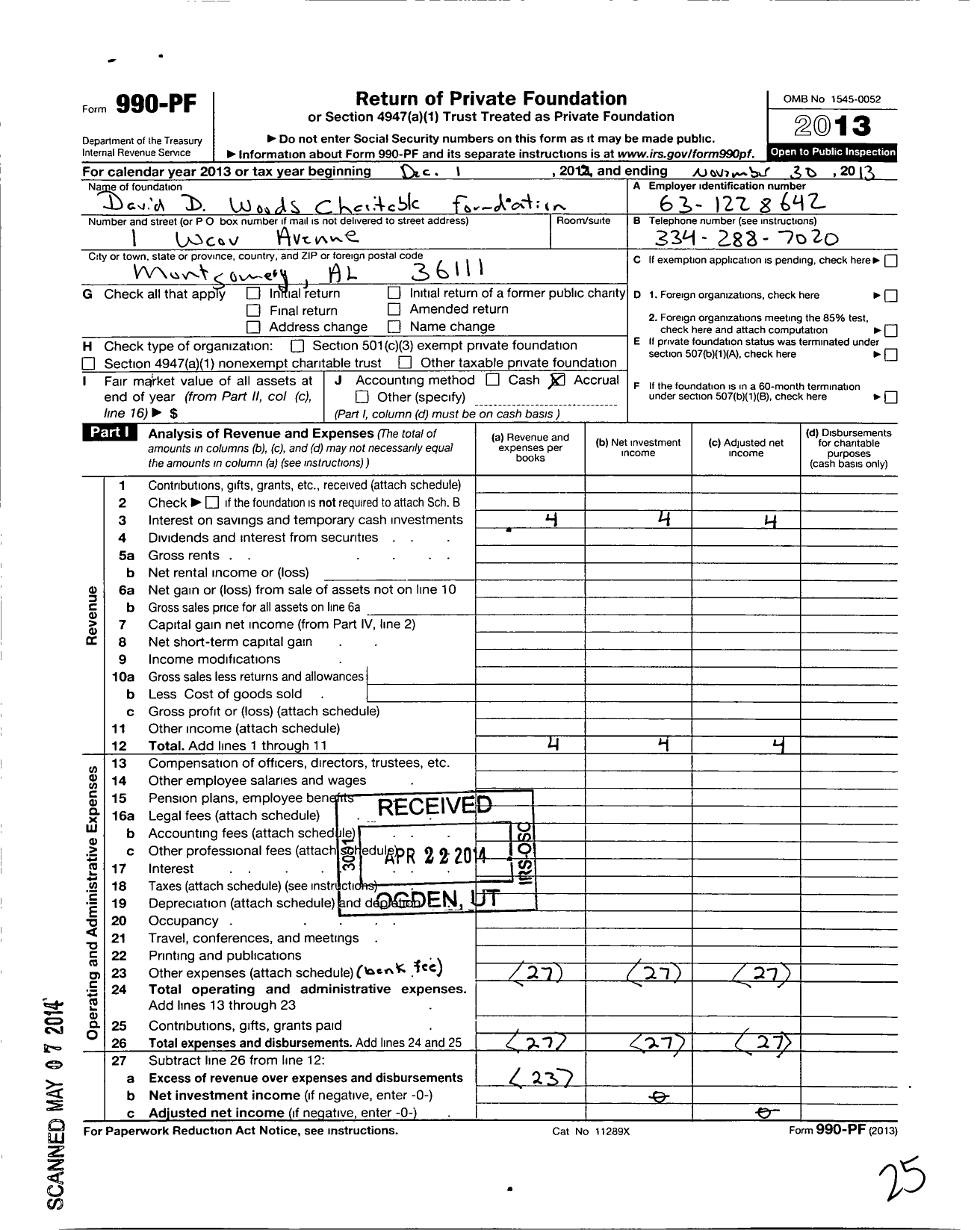 Image of first page of 2012 Form 990PF for David D Woods Charitable Foundation