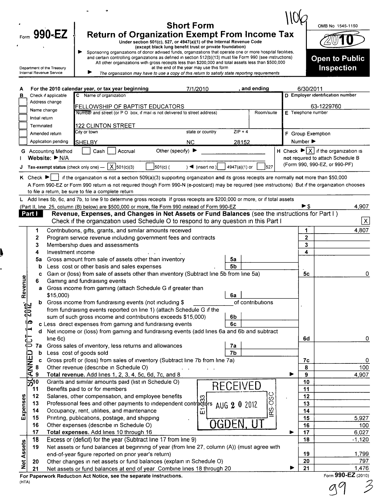 Image of first page of 2010 Form 990EZ for Fellowship of Baptist Educators