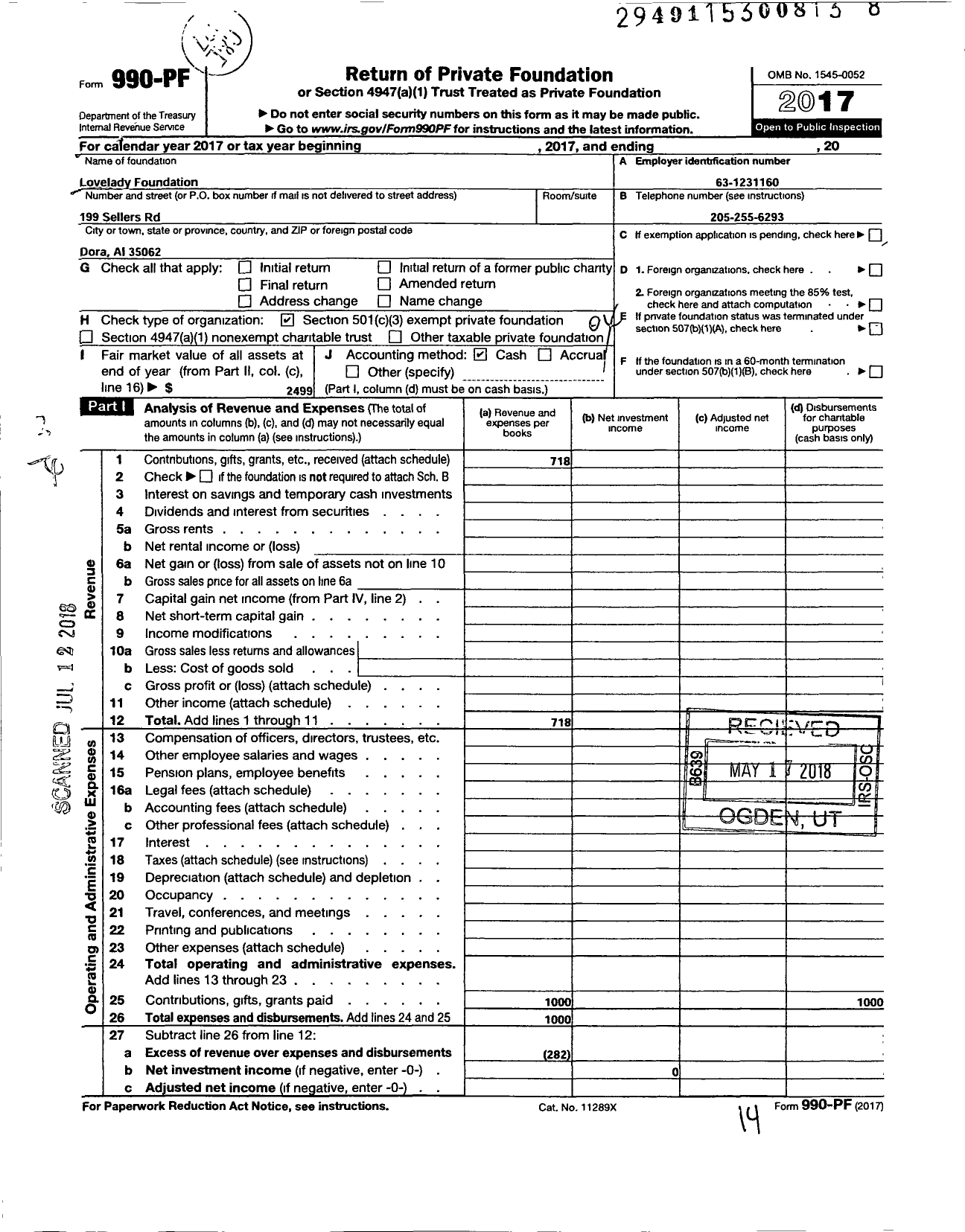 Image of first page of 2017 Form 990PF for Lovelady Foundation