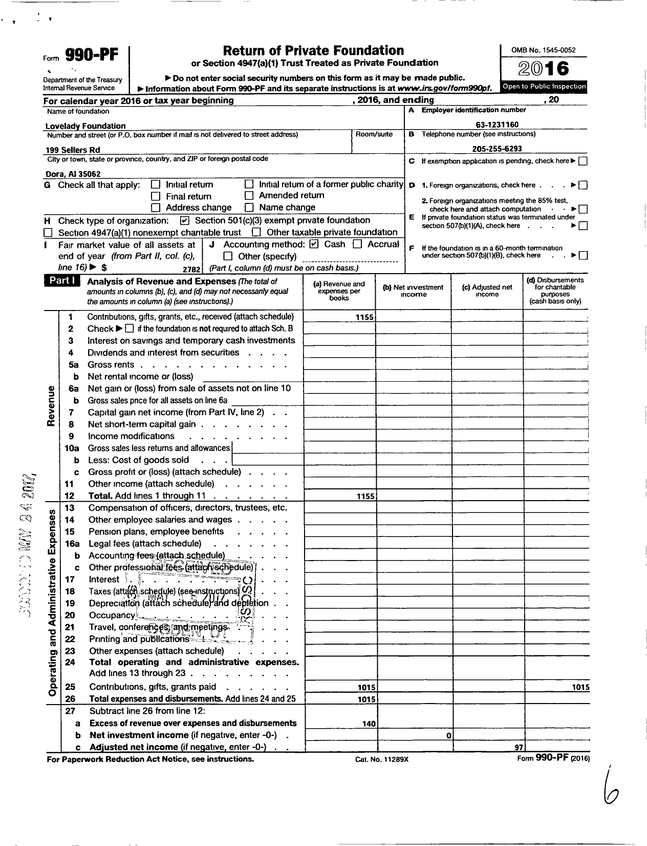 Image of first page of 2016 Form 990PF for Lovelady Foundation