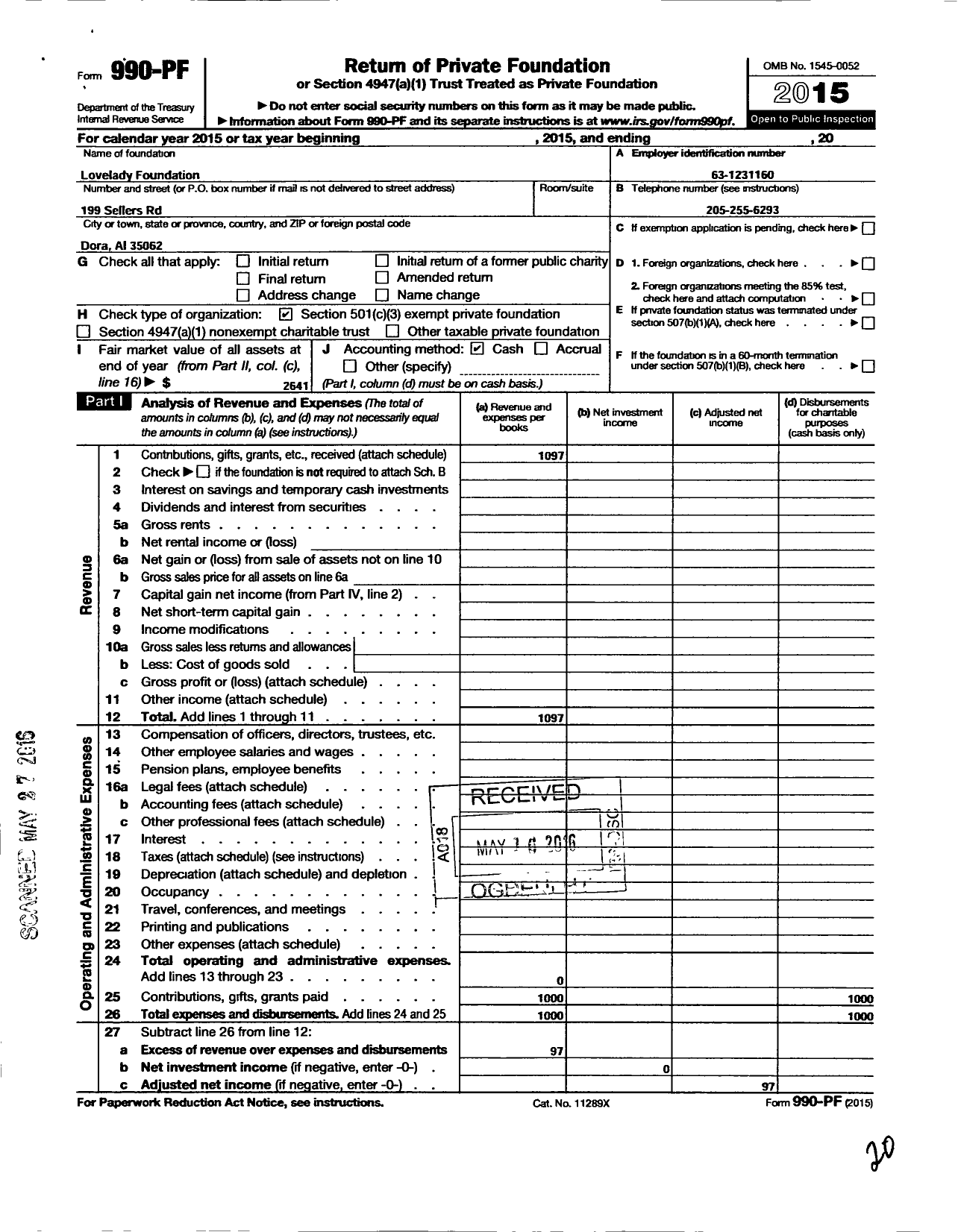 Image of first page of 2015 Form 990PF for Lovelady Foundation