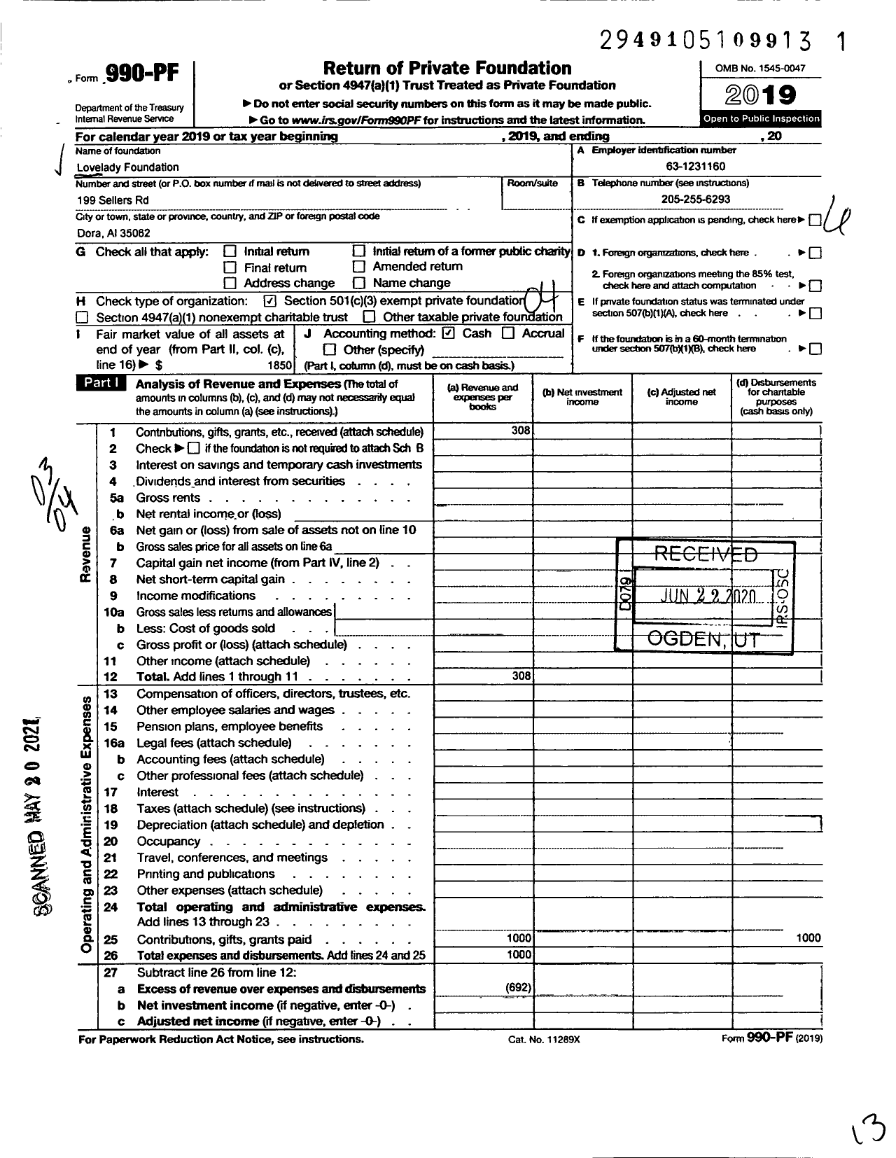 Image of first page of 2019 Form 990PF for Lovelady Foundation