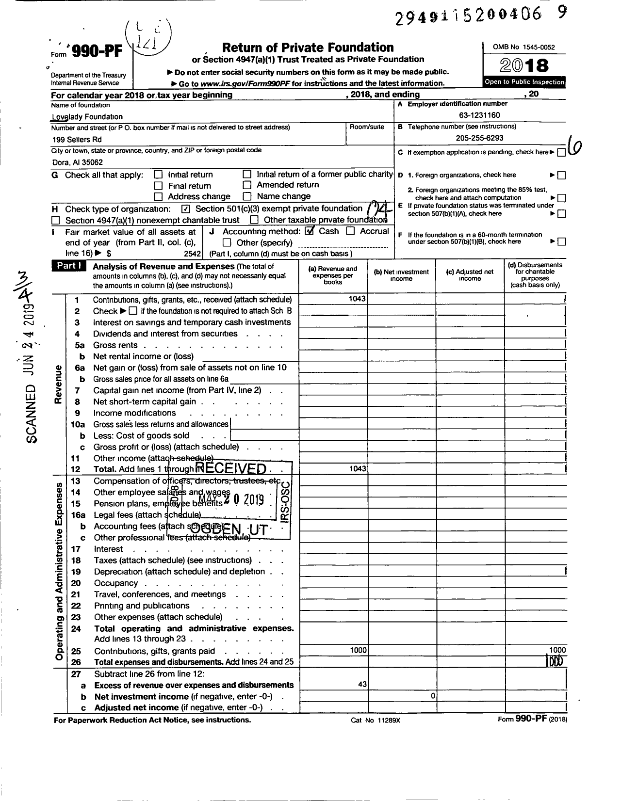 Image of first page of 2018 Form 990PF for Lovelady Foundation