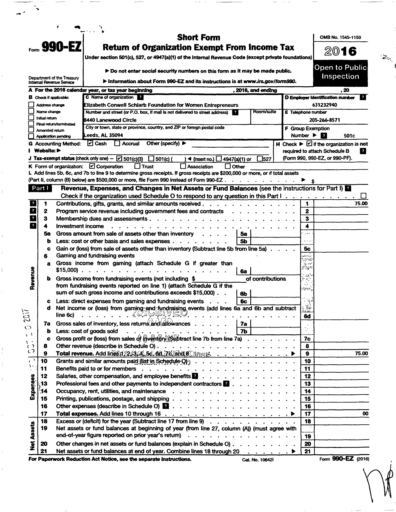 Image of first page of 2016 Form 990EZ for Elizabeth Conwell Schlarb Foundation for Women Entrepreneurs