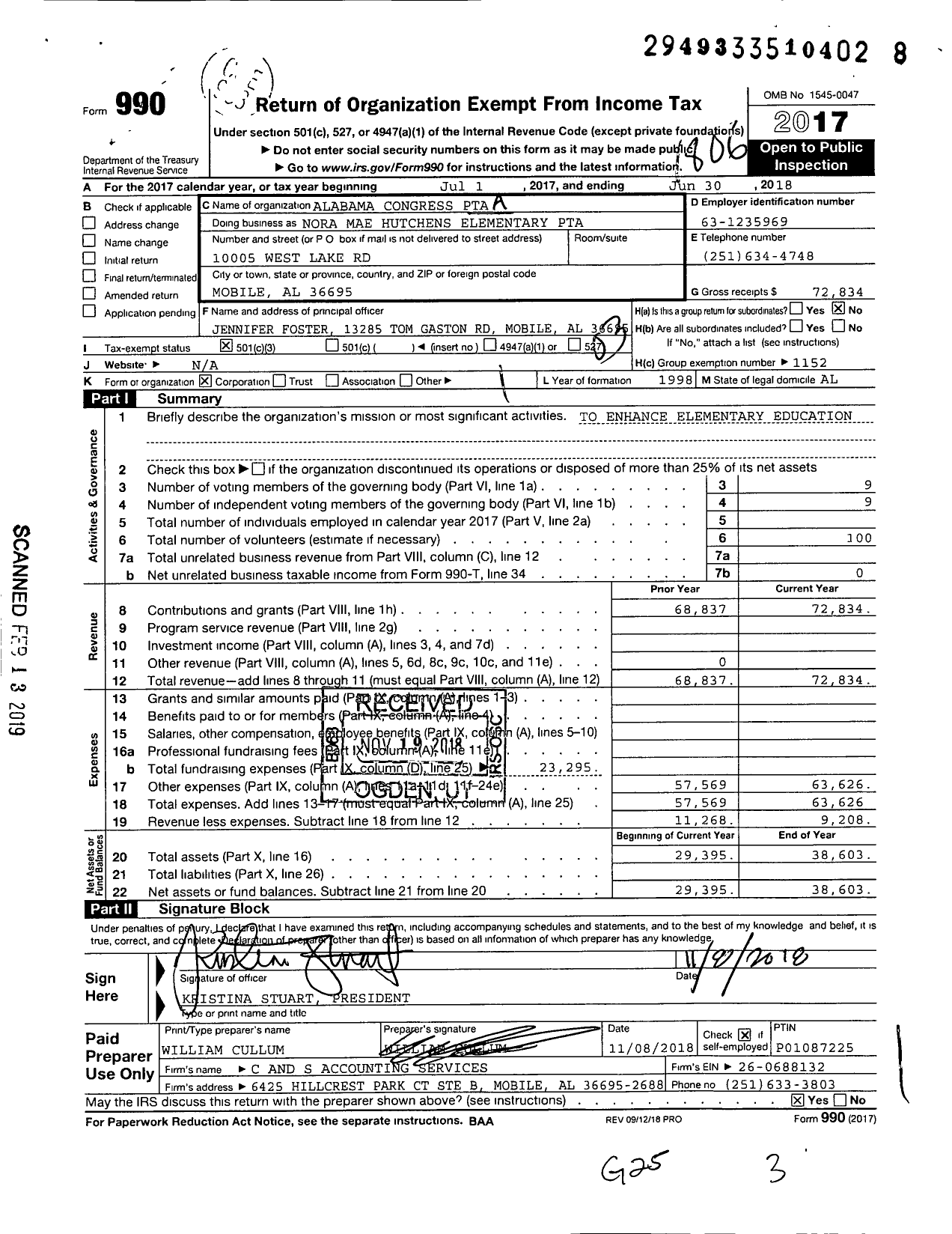 Image of first page of 2017 Form 990 for PTA Alabama Congress / Hutchens Elementary PTA