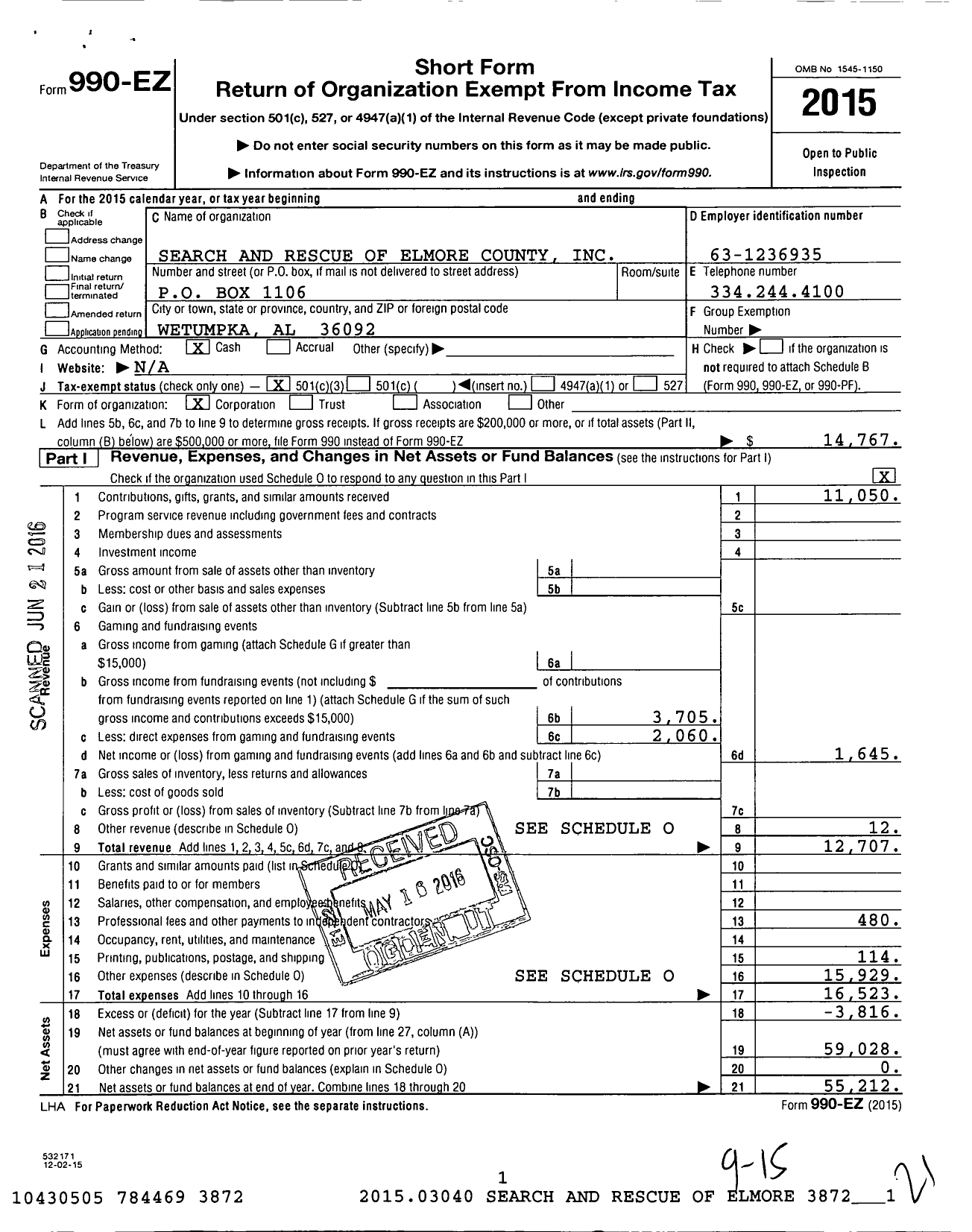 Image of first page of 2015 Form 990EZ for Search and Rescue of Elmore County