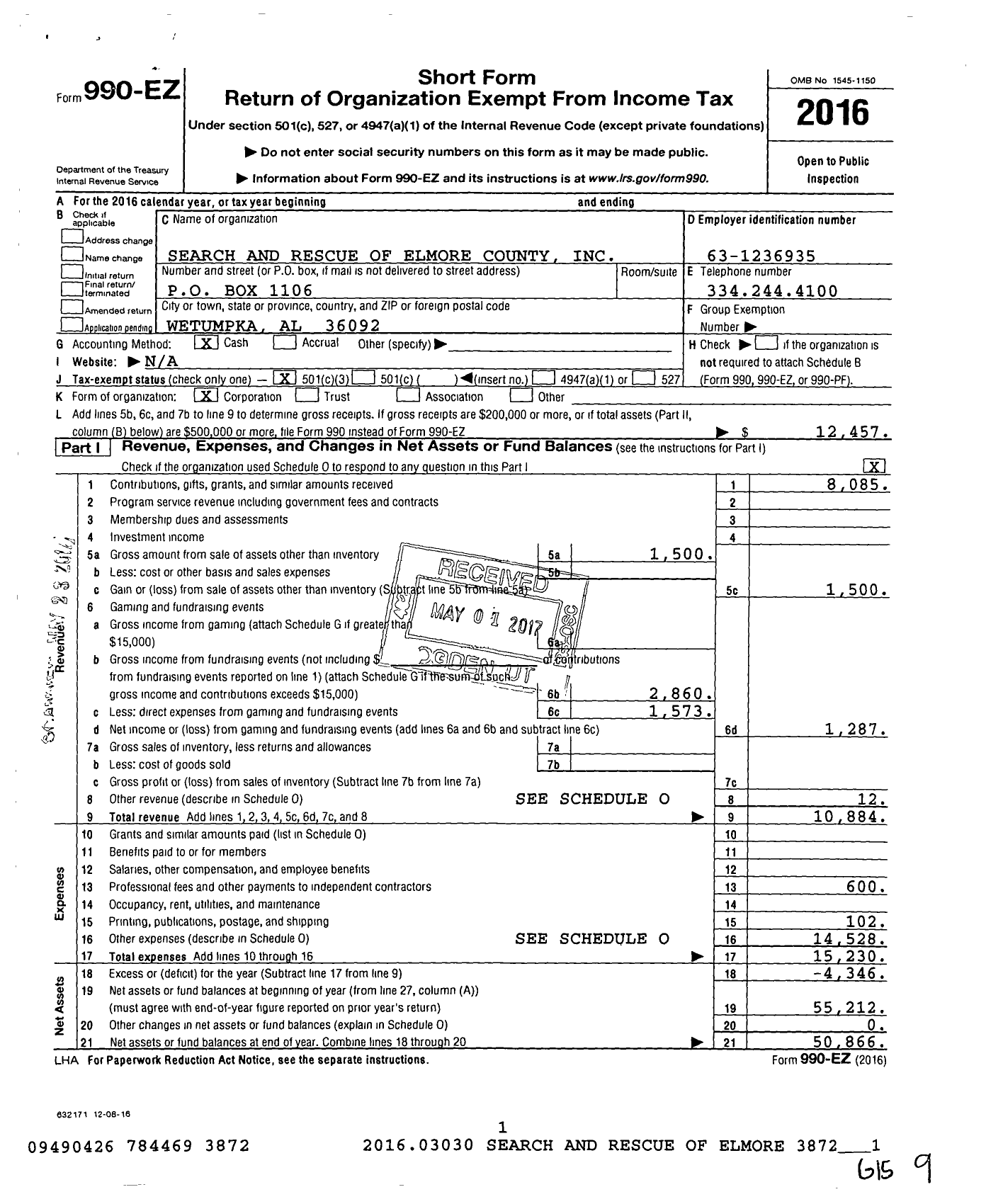 Image of first page of 2016 Form 990EZ for Search and Rescue of Elmore County