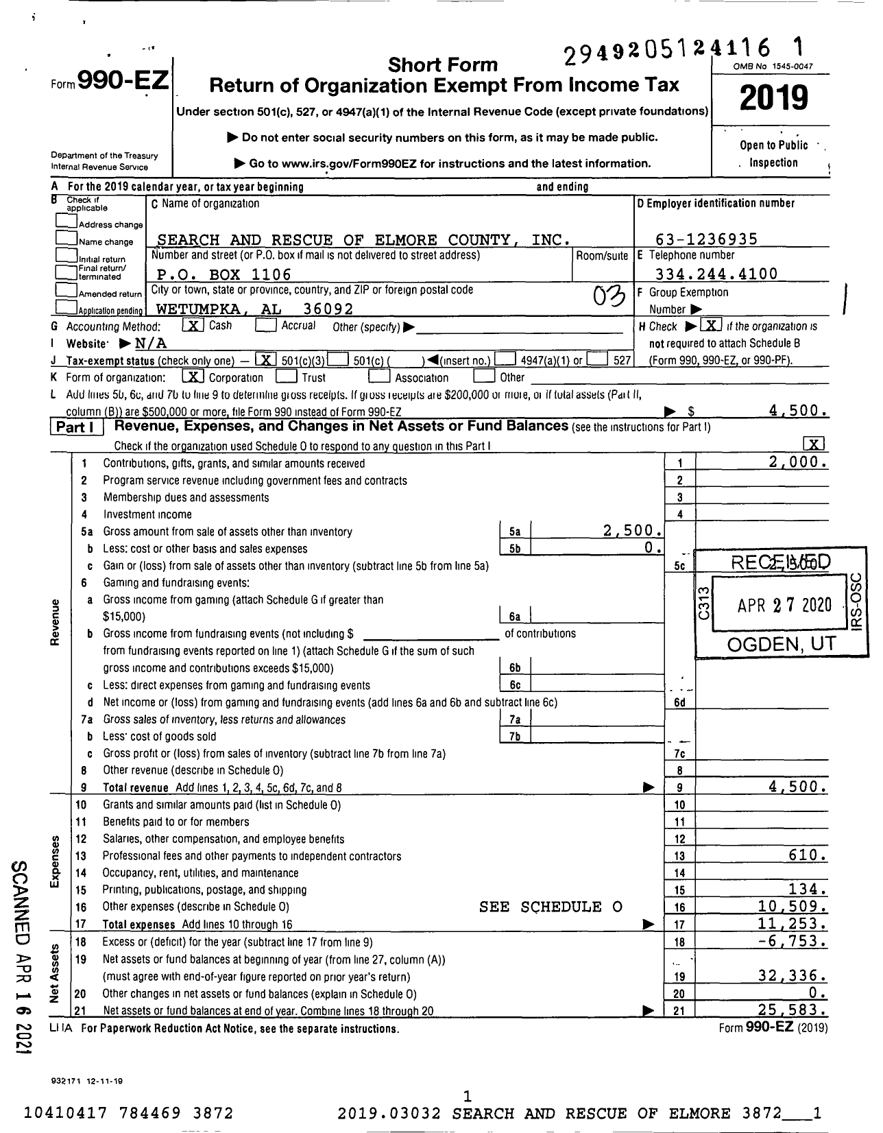 Image of first page of 2019 Form 990EZ for Search and Rescue of Elmore County