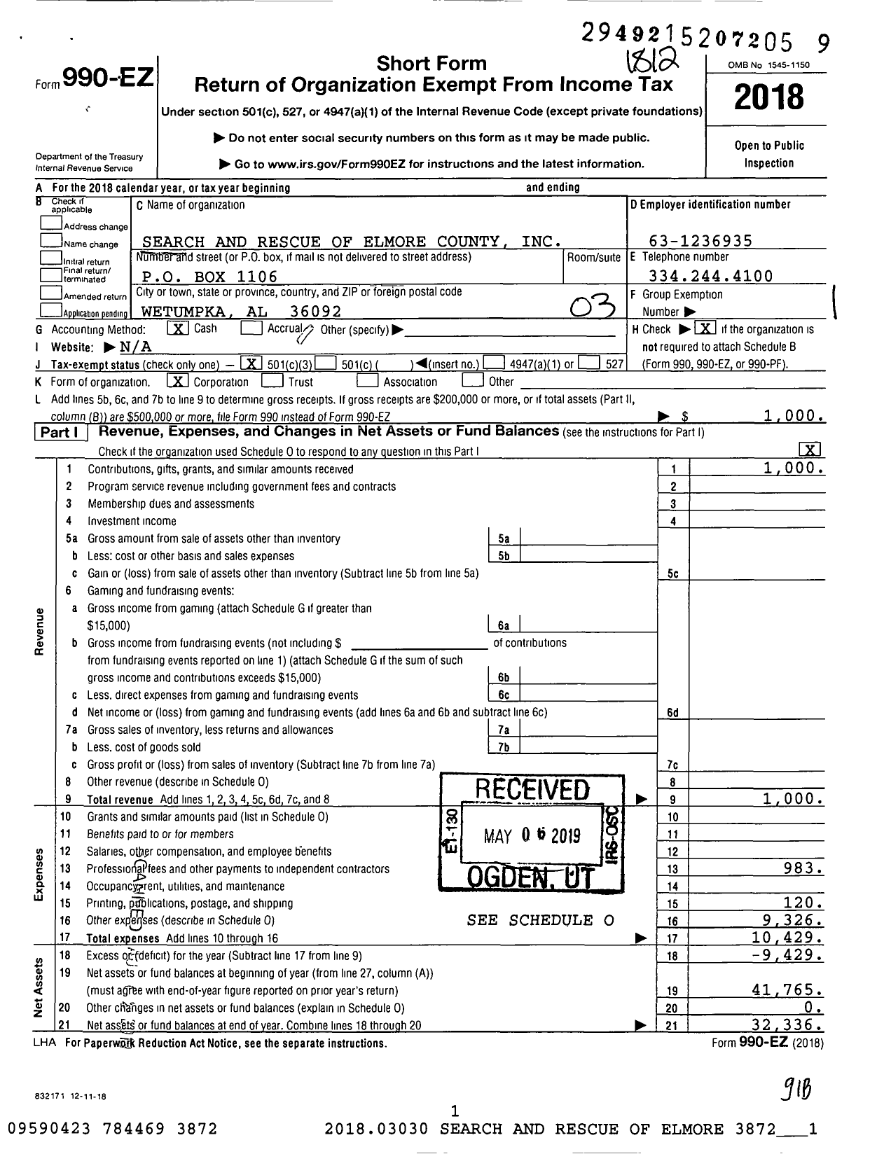 Image of first page of 2018 Form 990EZ for Search and Rescue of Elmore County