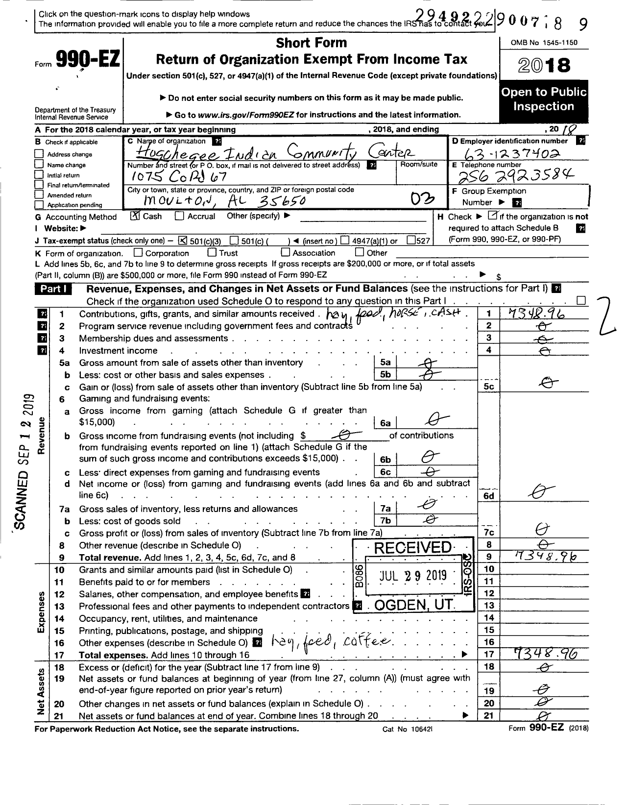 Image of first page of 2018 Form 990EZ for Hogohegee Indian Community Center