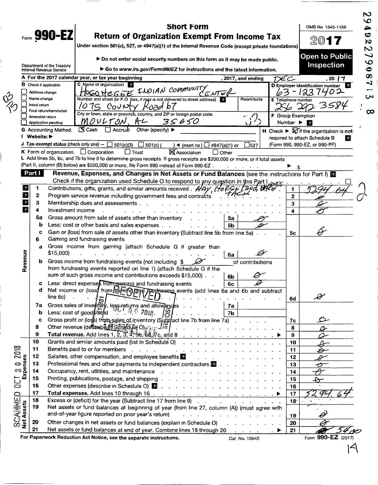 Image of first page of 2017 Form 990EZ for Hogohegee Indian Community Center