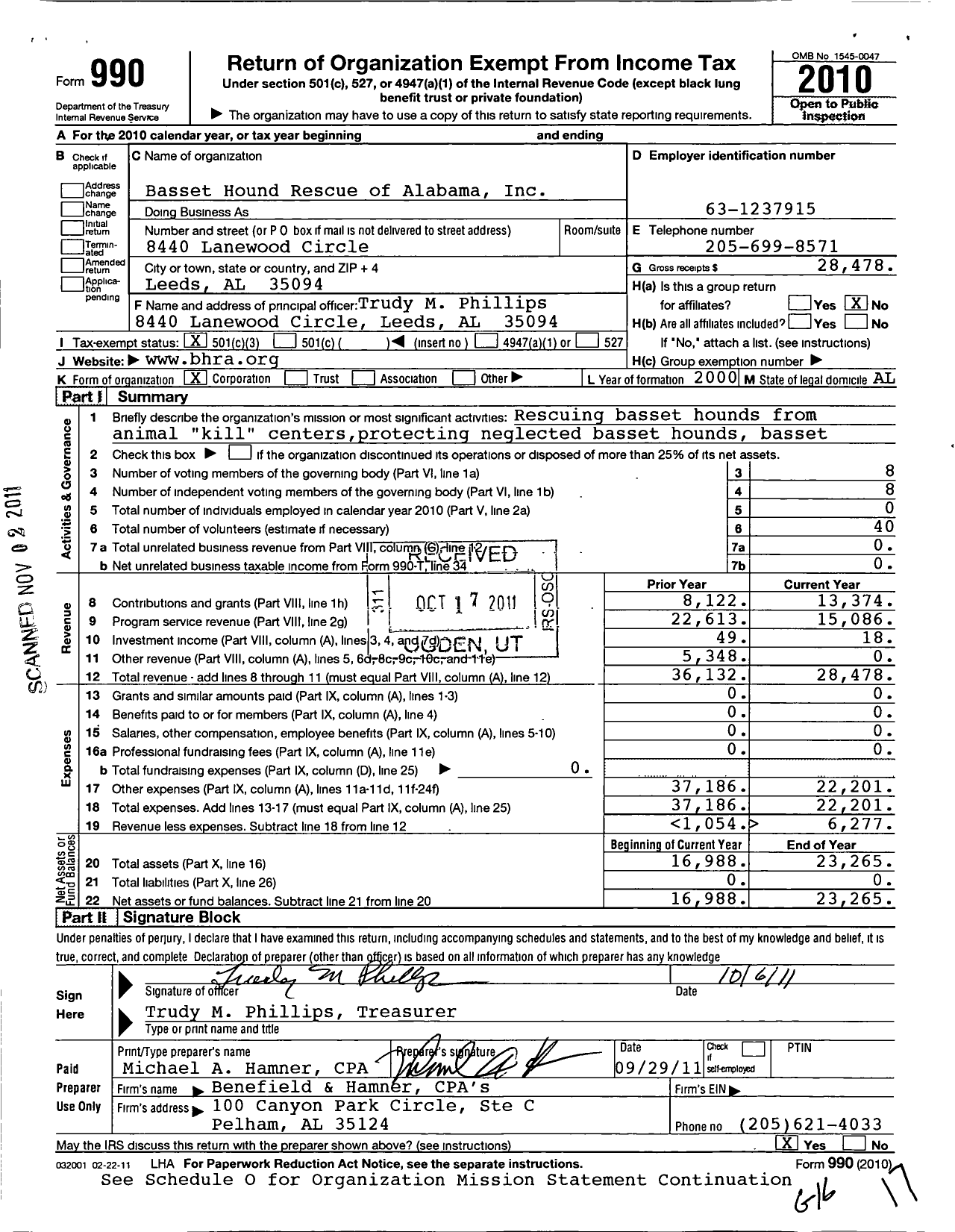 Image of first page of 2010 Form 990 for Basset Hound Rescue of Alabama A Not for Profit Corporation