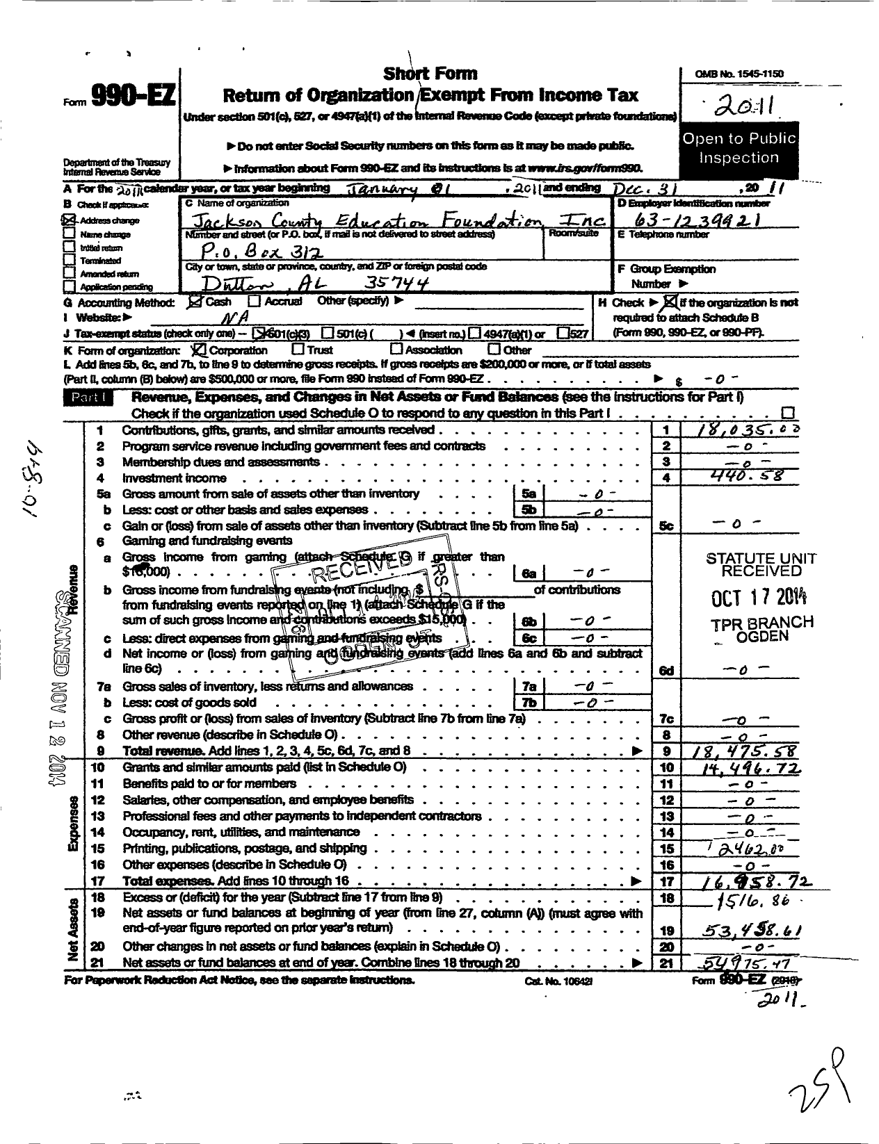 Image of first page of 2011 Form 990EZ for Jackson County Education Foundation