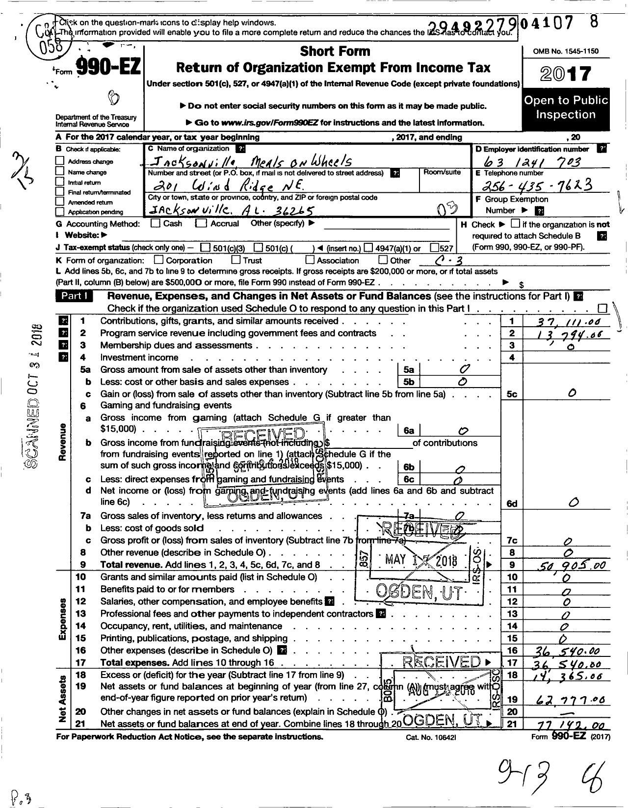 Image of first page of 2017 Form 990EZ for Jacksonville Meals on Wheels