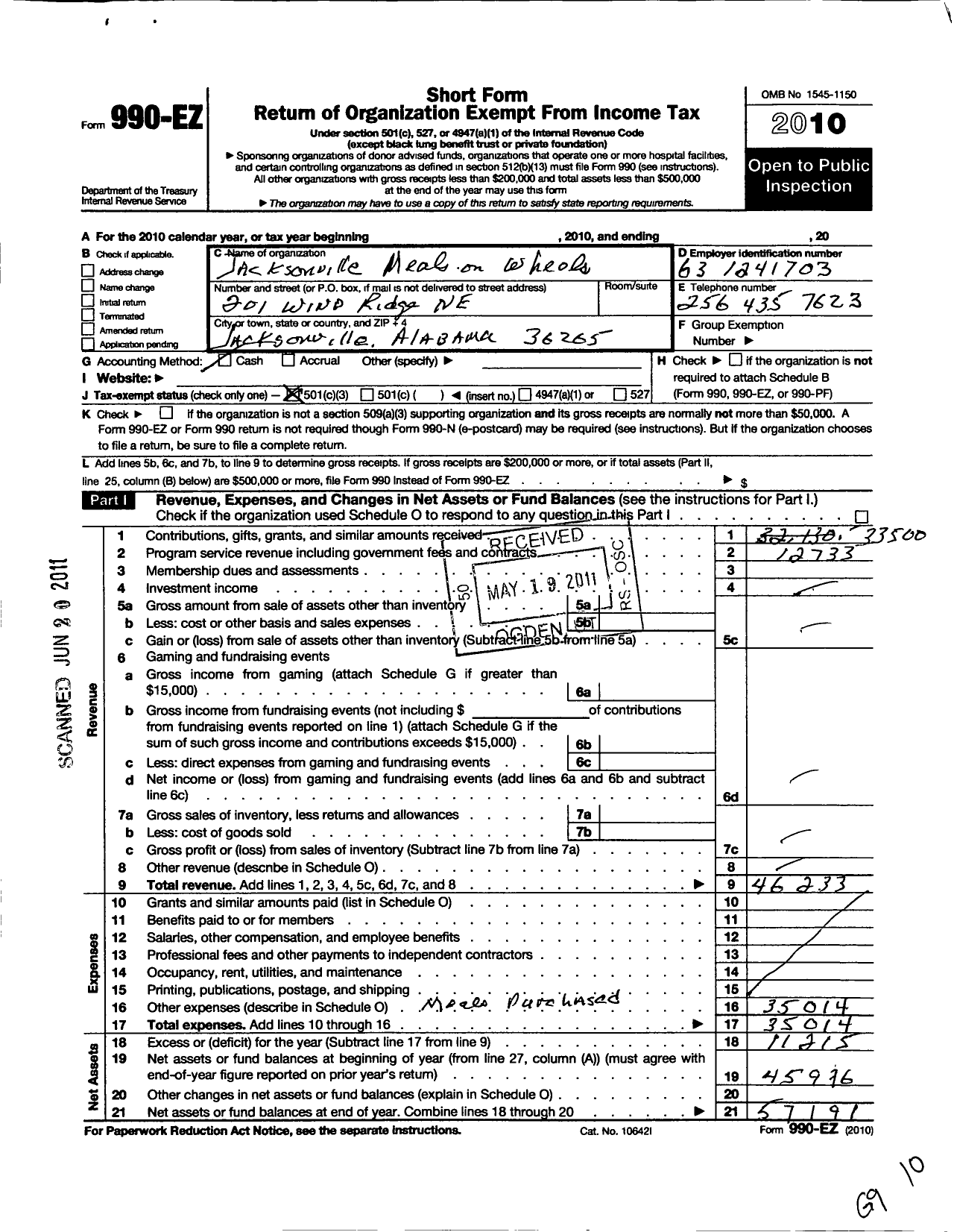 Image of first page of 2010 Form 990EZ for Jacksonville Meals on Wheels