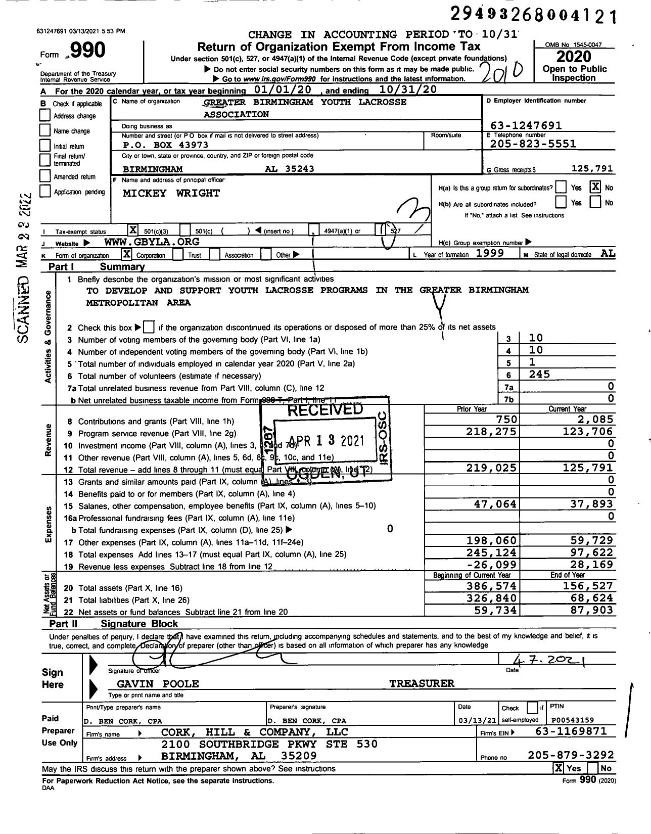 Image of first page of 2019 Form 990 for Greater Birmingham Youth Lacrosse