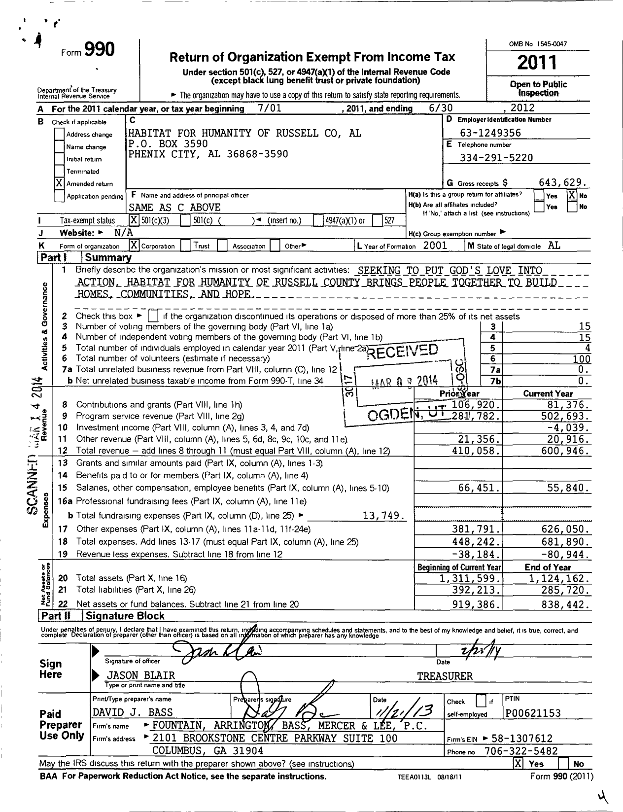 Image of first page of 2011 Form 990 for Habitat for Humanity - Phenix City Al