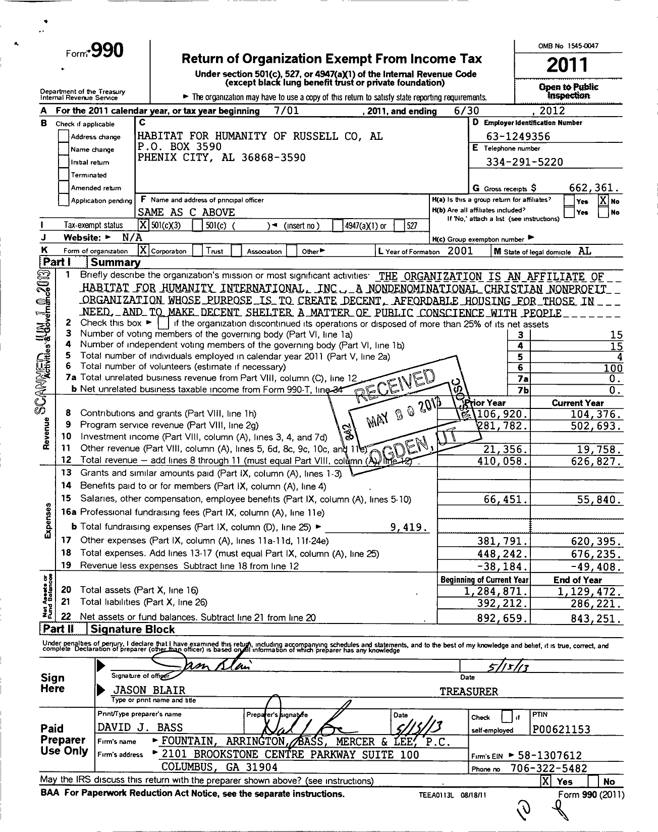 Image of first page of 2011 Form 990 for Habitat for Humanity - Phenix City Al