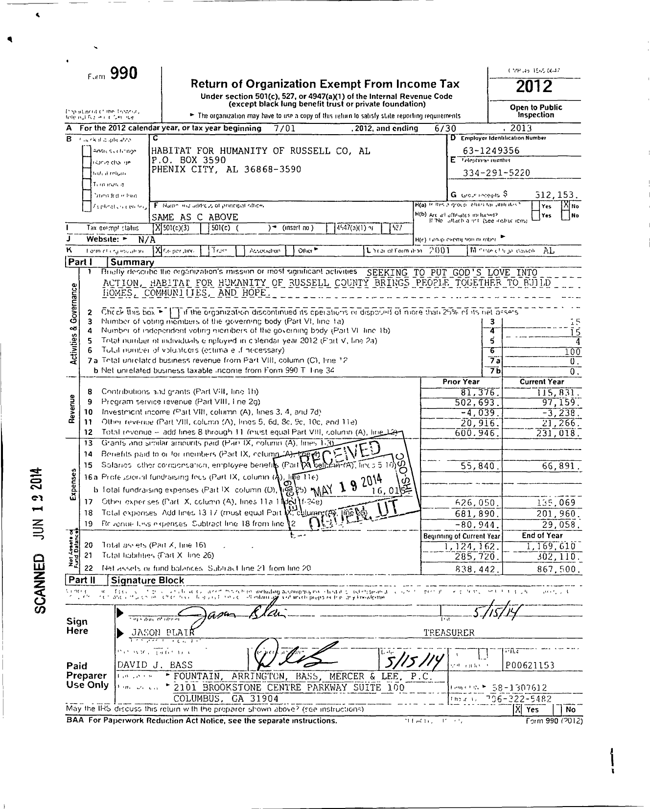 Image of first page of 2012 Form 990 for Habitat for Humanity - Phenix City Al