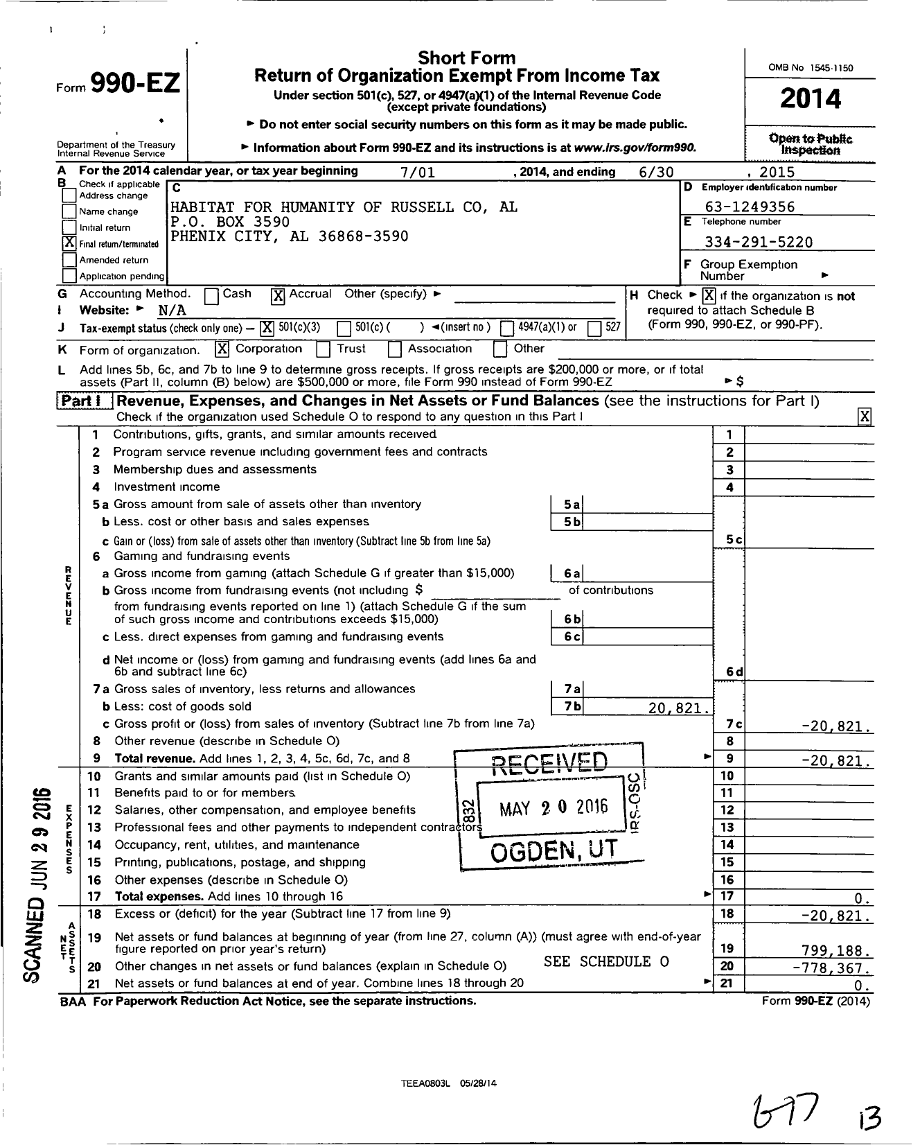 Image of first page of 2014 Form 990EZ for Habitat for Humanity - Phenix City Al