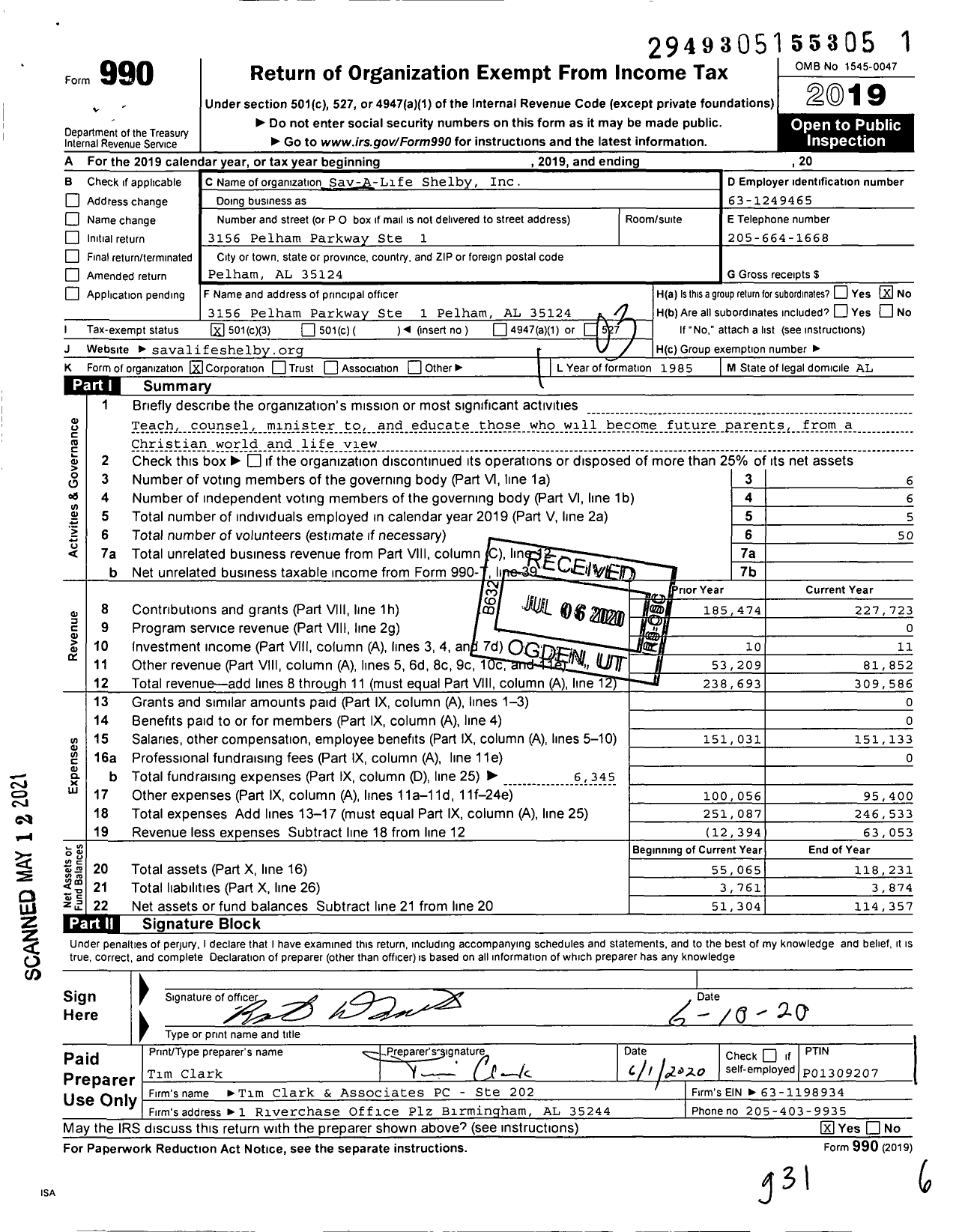 Image of first page of 2019 Form 990 for Sav-A-Life Shelby