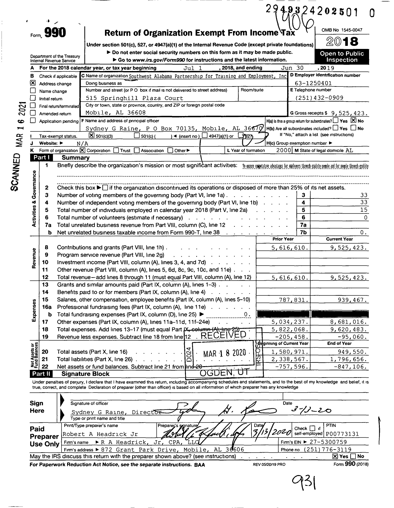 Image of first page of 2018 Form 990 for Southwest Alabama Partnership for Training and Employment