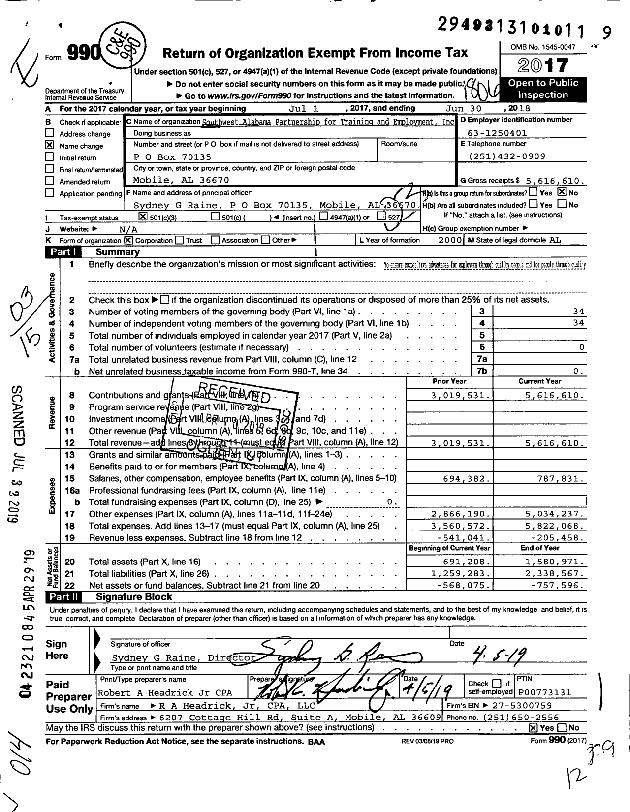 Image of first page of 2017 Form 990 for Southwest Alabama Partnership for Training and Employment