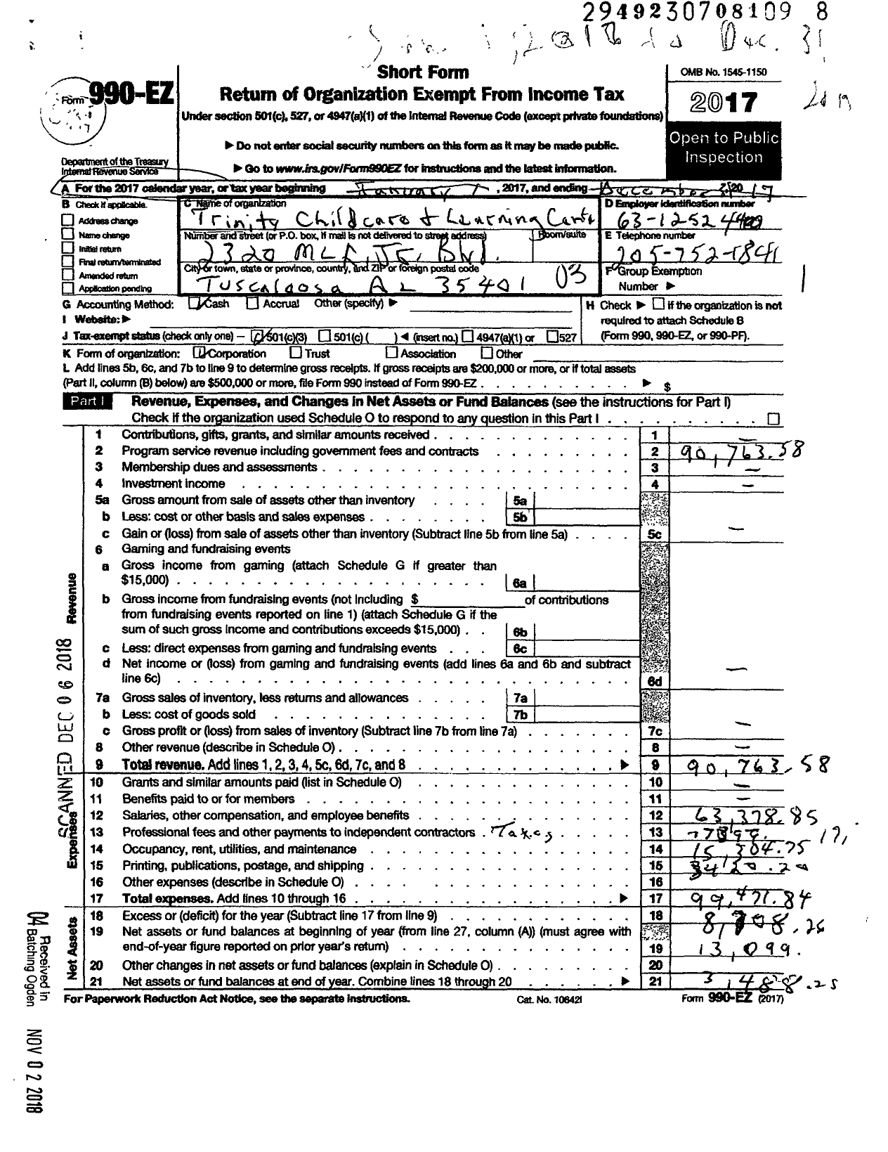 Image of first page of 2017 Form 990EZ for Trinity Childcare Care and Learning Center