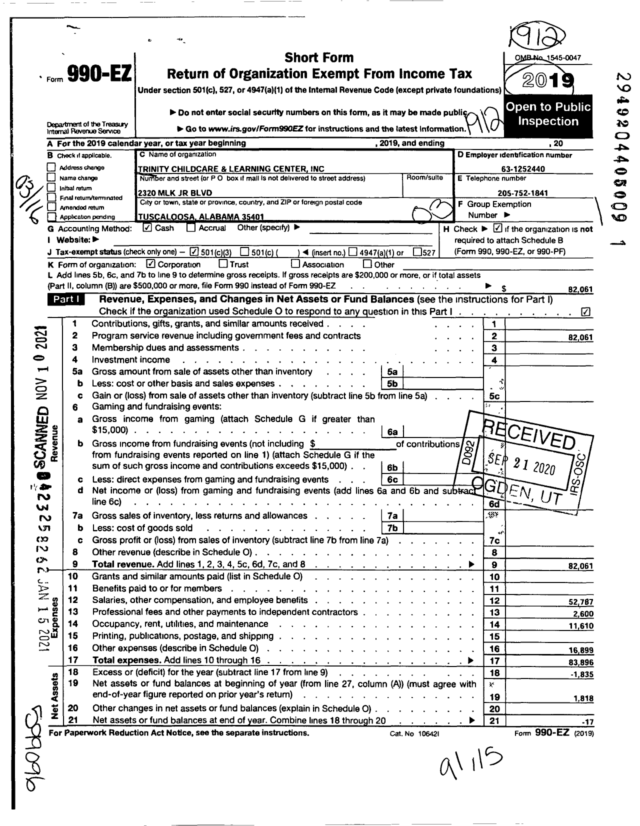 Image of first page of 2019 Form 990EZ for Trinity Childcare Care and Learning Center