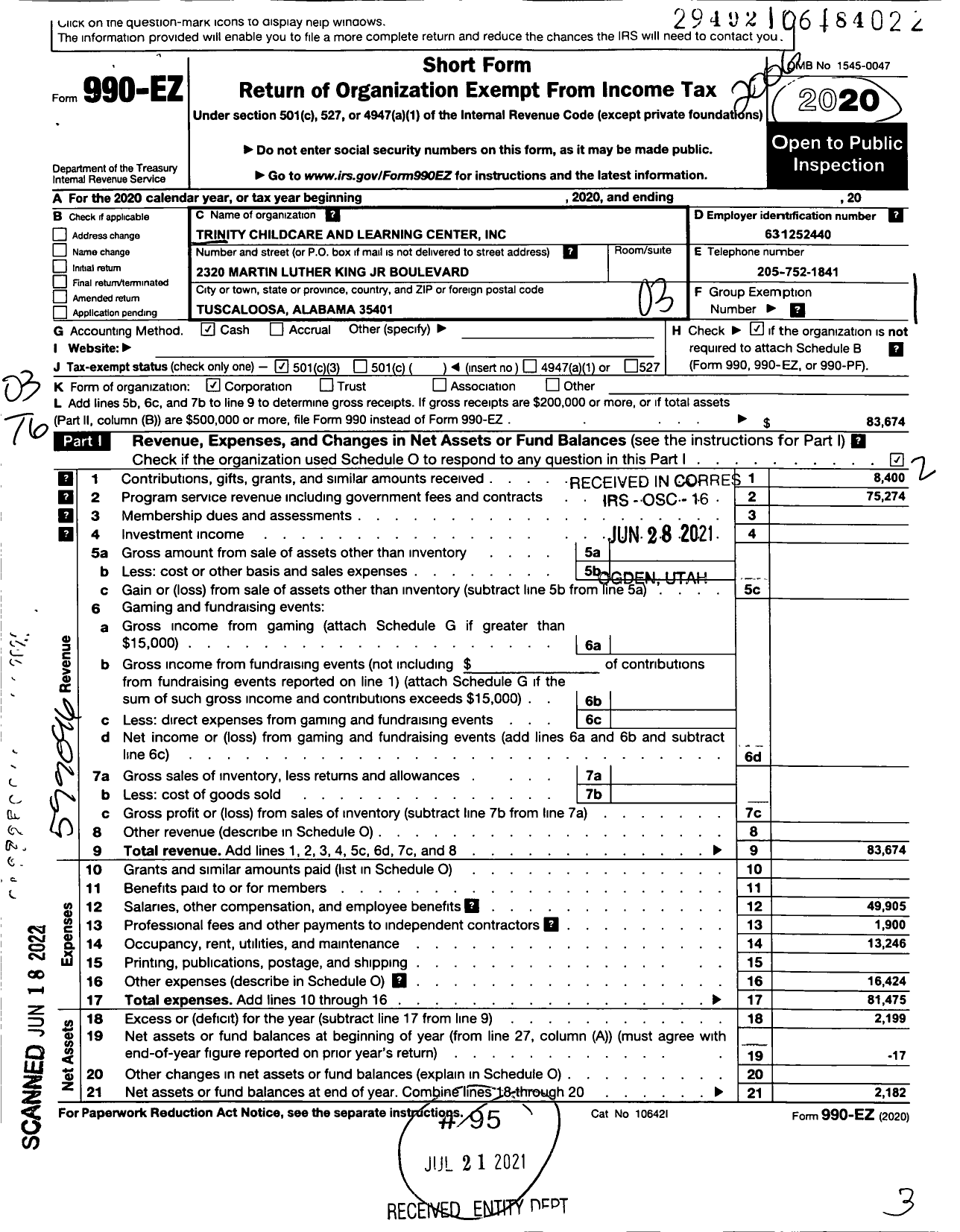 Image of first page of 2019 Form 990EZ for Trinity Childcare Care and Learning Center